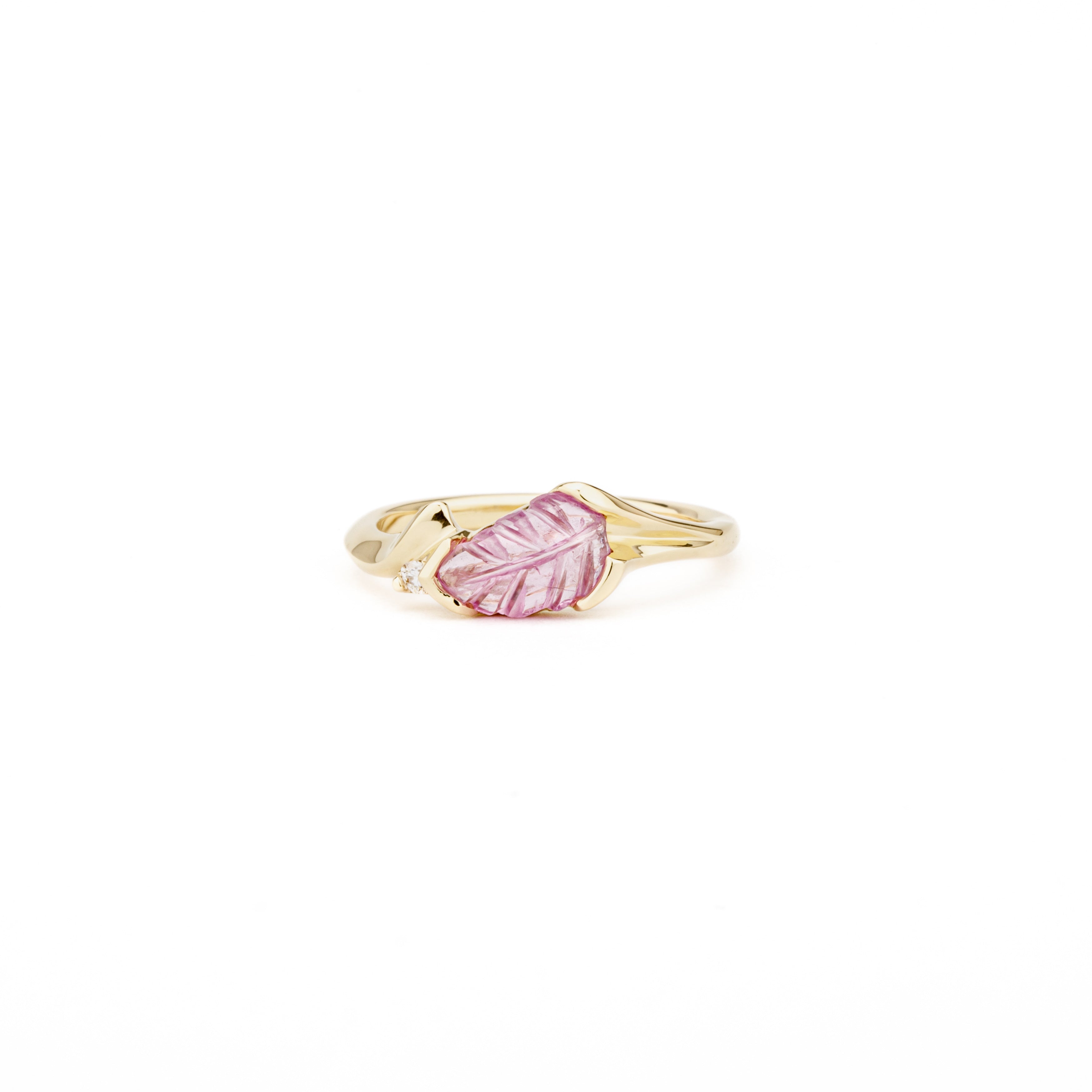 One of a kind carved pink sapphire leaf ring in 14K yellow gold with diamond accent