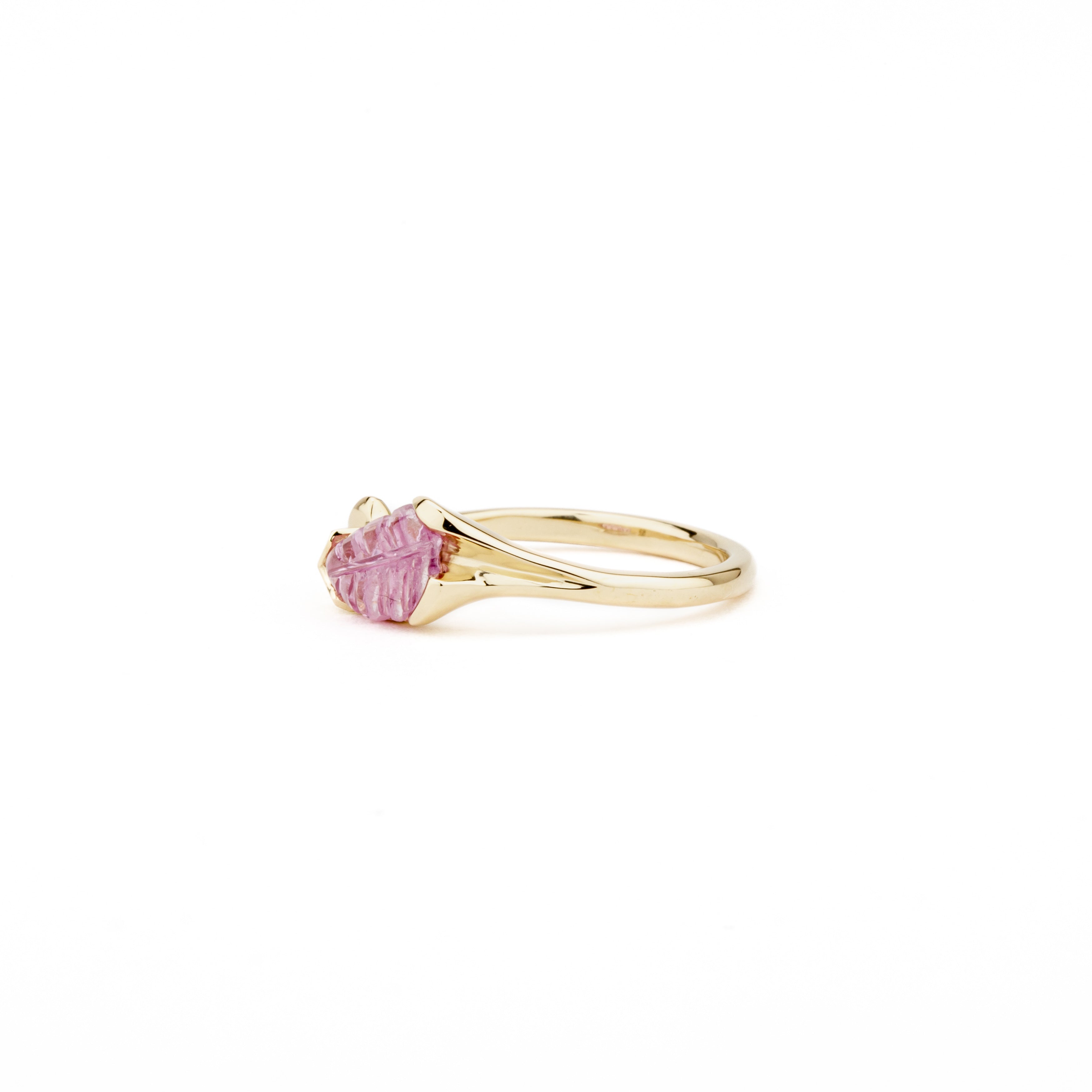 One of a kind carved pink sapphire leaf ring in 14K yellow gold with diamond accent