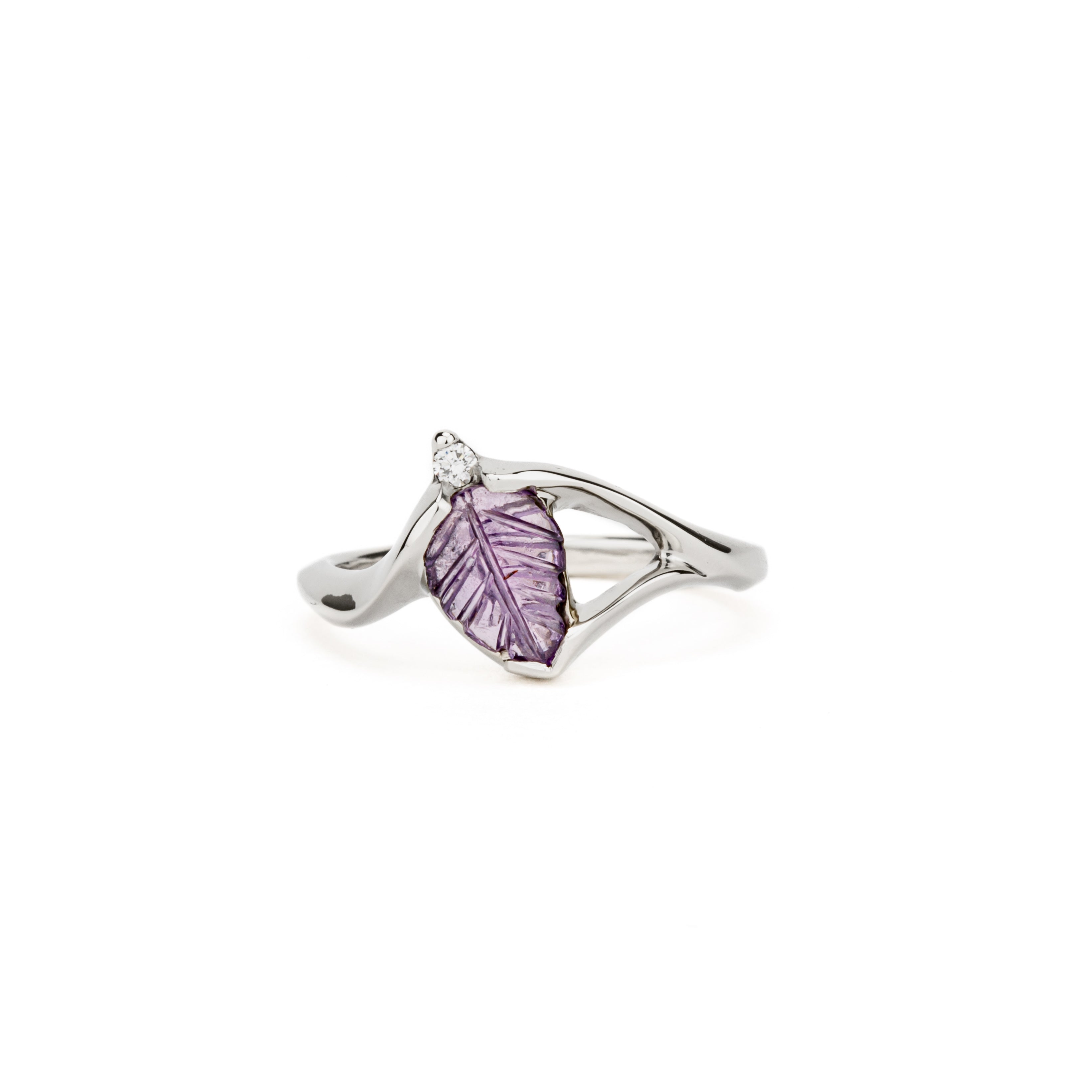 Purple sapphire leaf ring with diamond accent in white gold