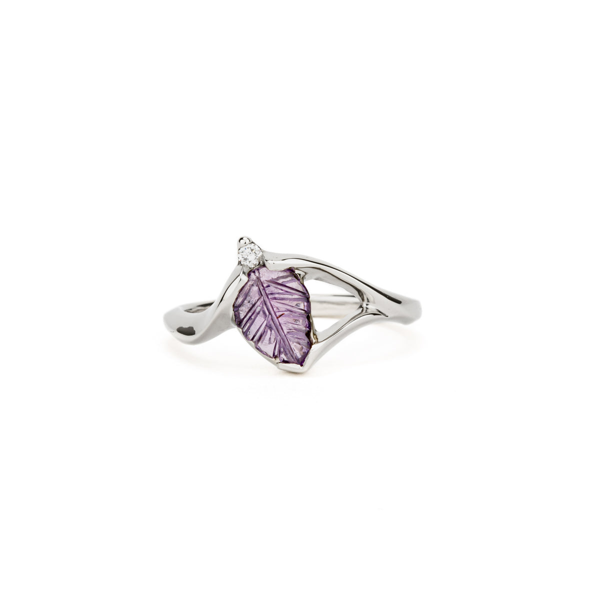 Purple sapphire leaf ring with diamond accent in white gold