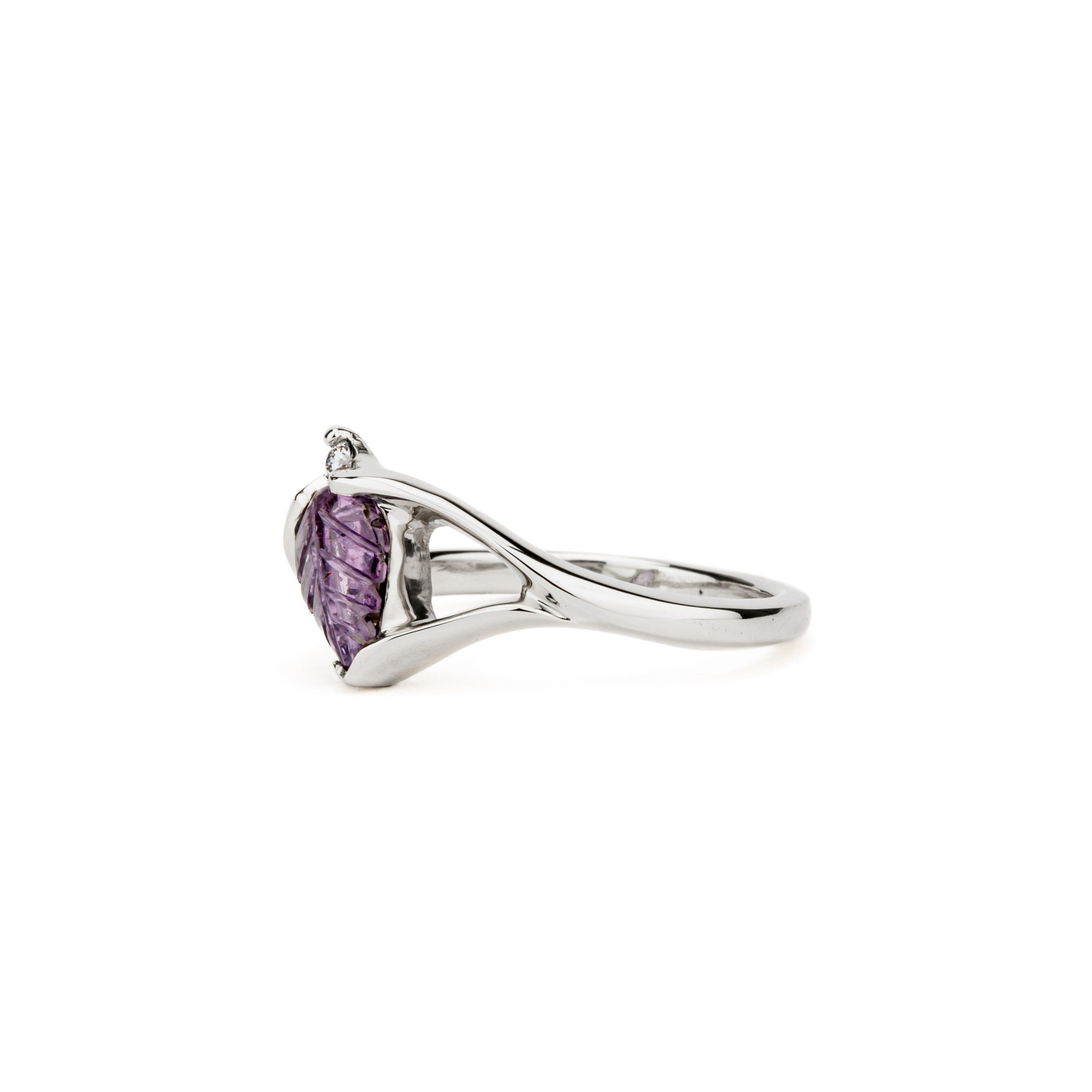 Purple sapphire leaf ring with diamond accent in white gold