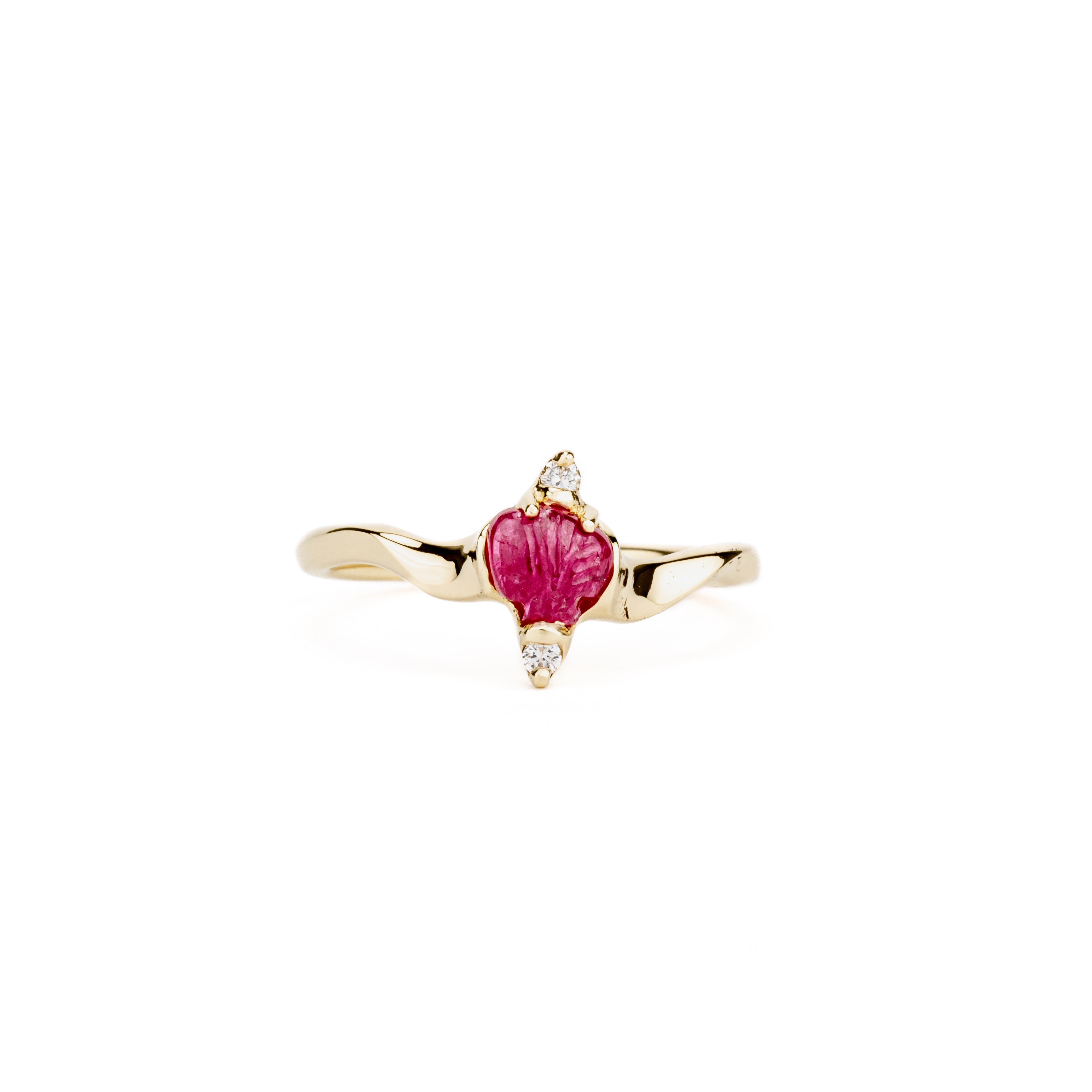 Carved ruby leaf ring with diamond accents in 14K yellow gold by deJonghe Jewelry