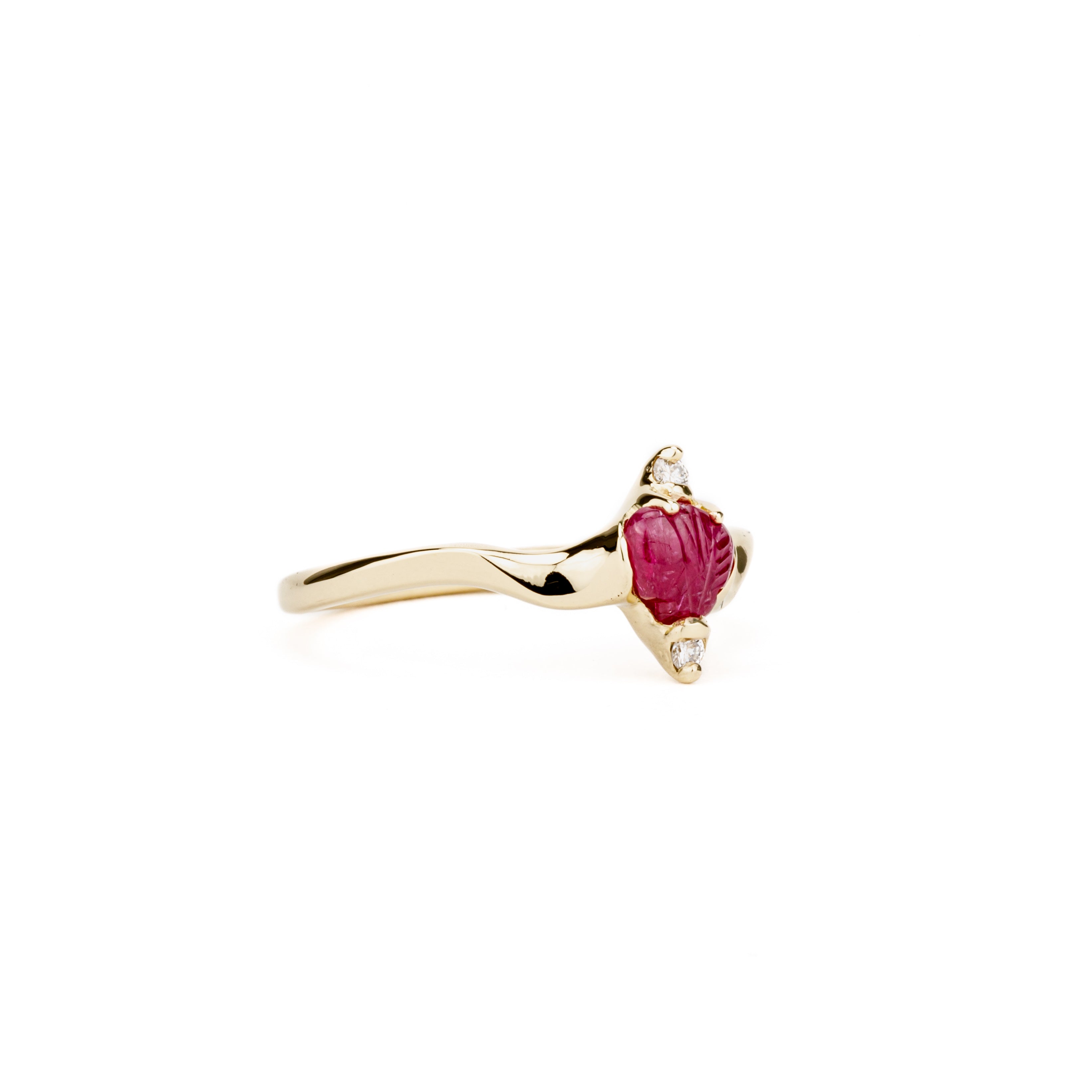 Carved ruby leaf ring with diamond accents in 14K yellow gold by deJonghe Jewelry