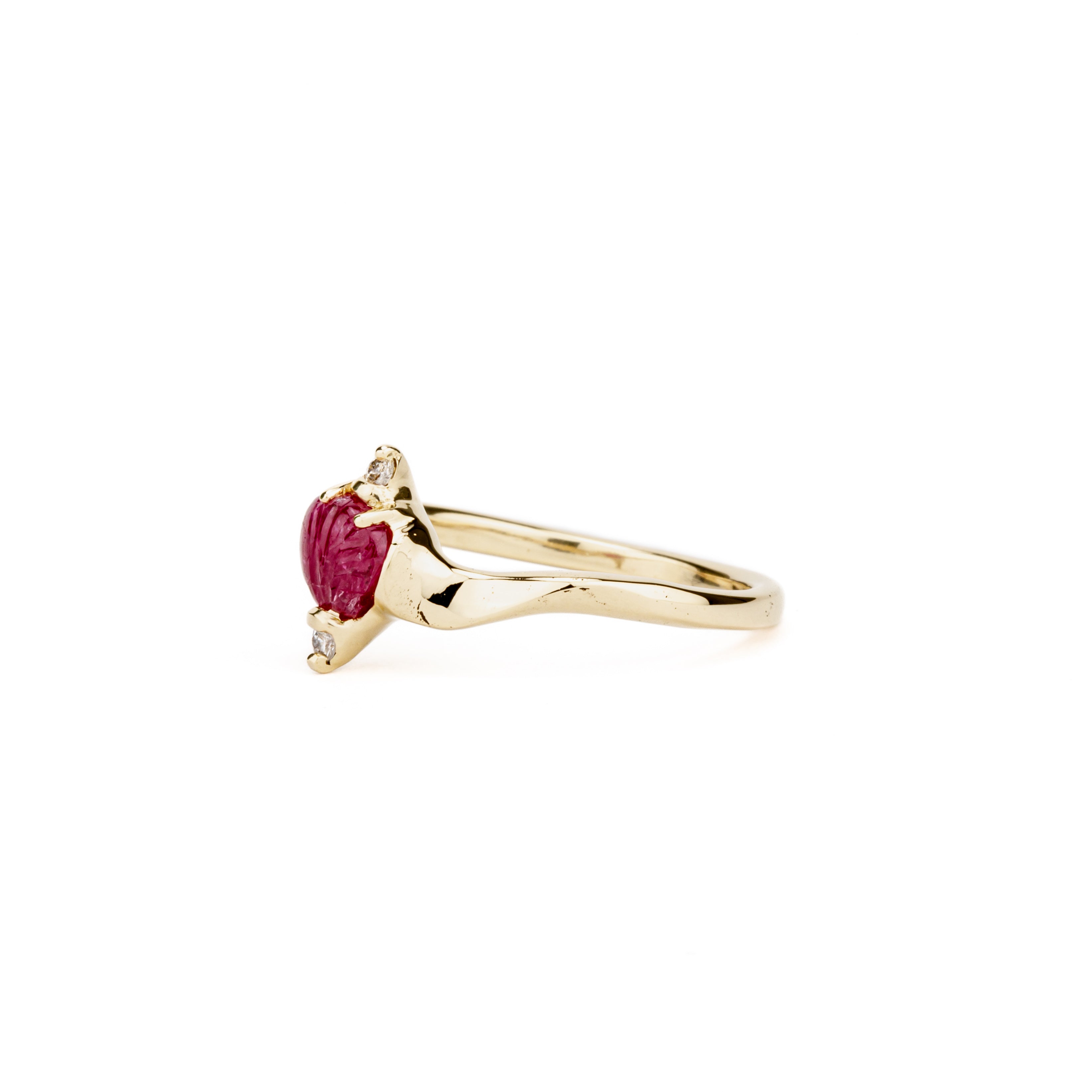 Carved ruby leaf ring with diamond accents in 14K yellow gold by deJonghe Jewelry