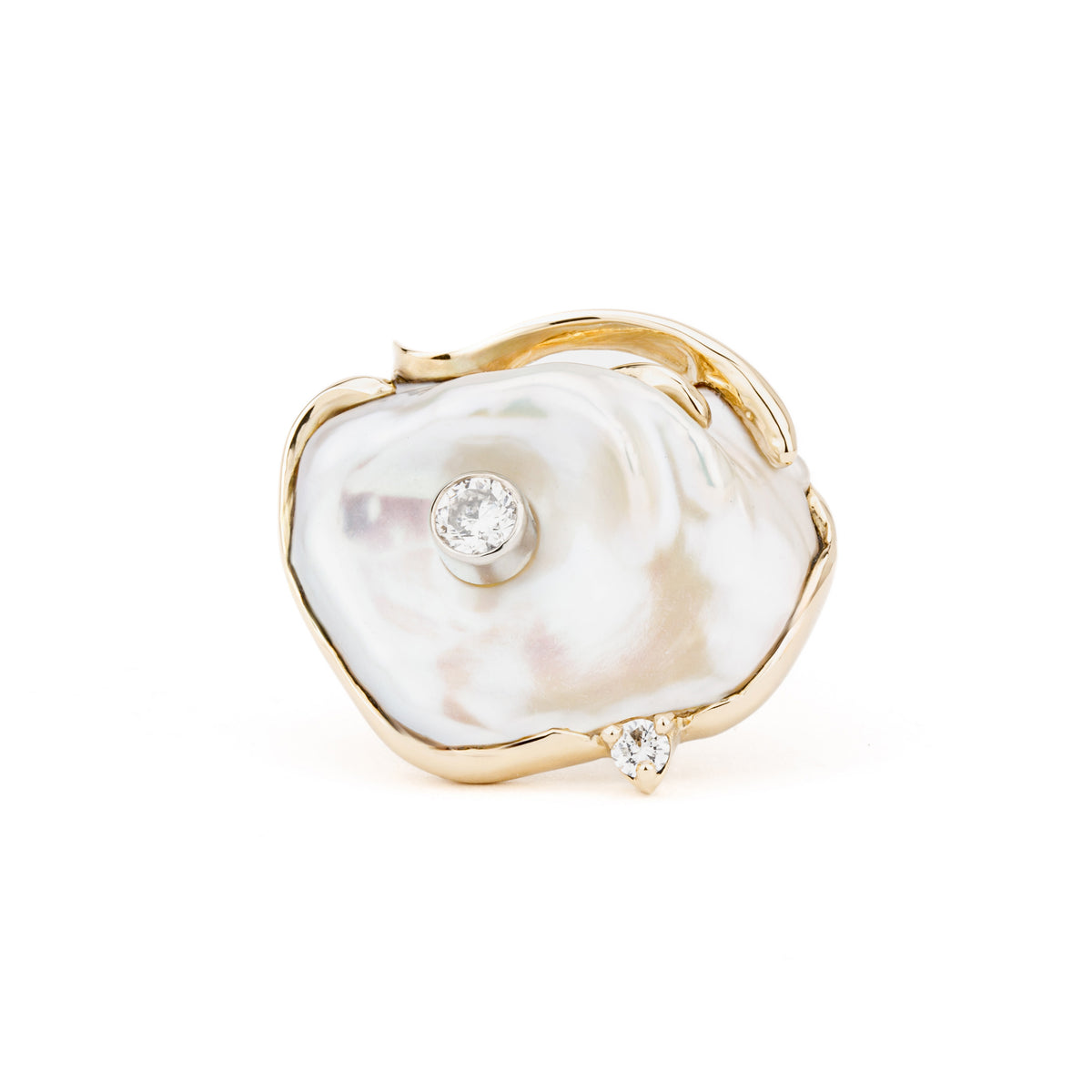 One of a kind keshi pearl ring with diamonds in 14K yellow gold