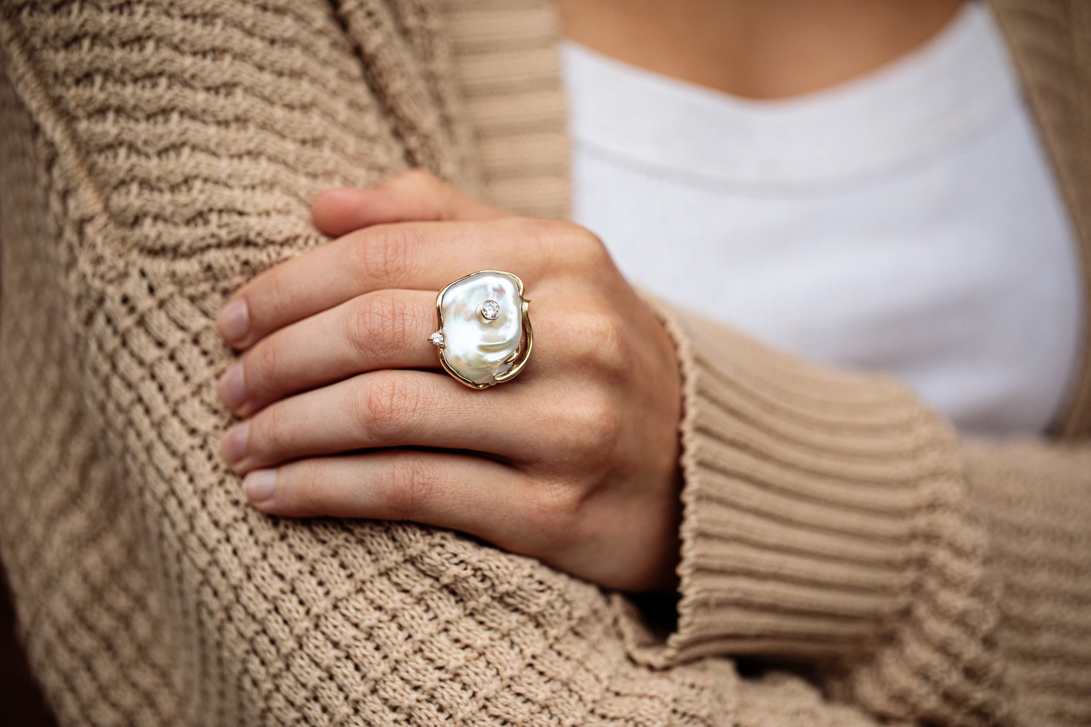 One of a kind keshi pearl ring with diamonds in 14K yellow gold