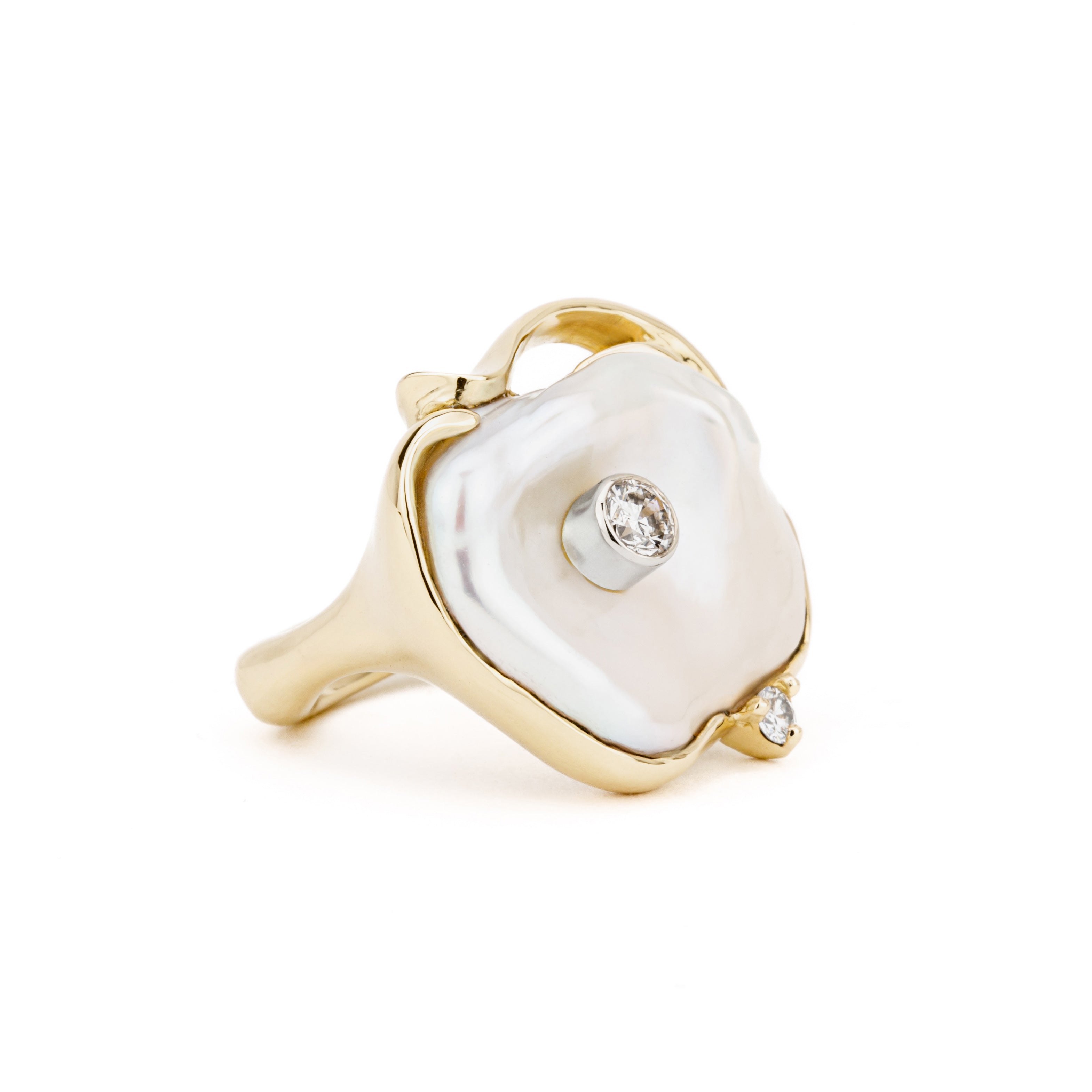 One of a kind keshi pearl ring with diamonds in 14K yellow gold