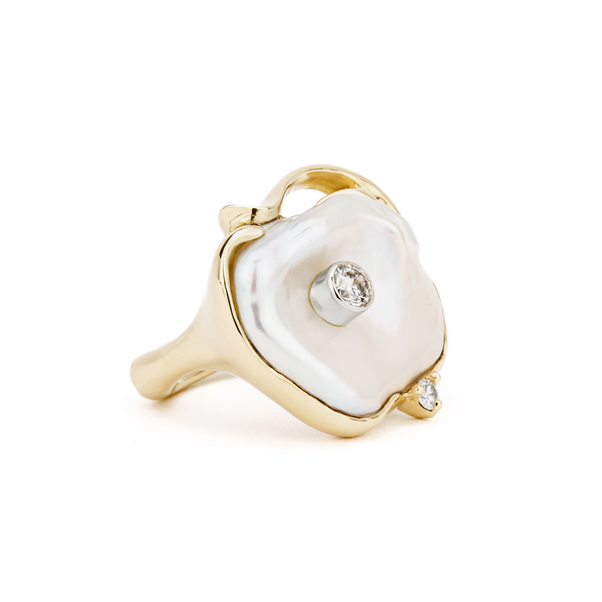 One of a kind keshi pearl ring with diamonds in 14K yellow gold