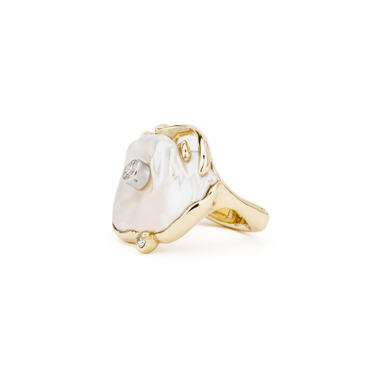 One of a kind keshi pearl ring with diamonds in 14K yellow gold