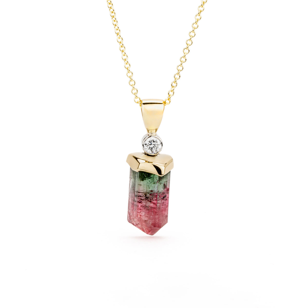 Watermelon tourmaline crystal pendant with diamond in 14K yellow gold