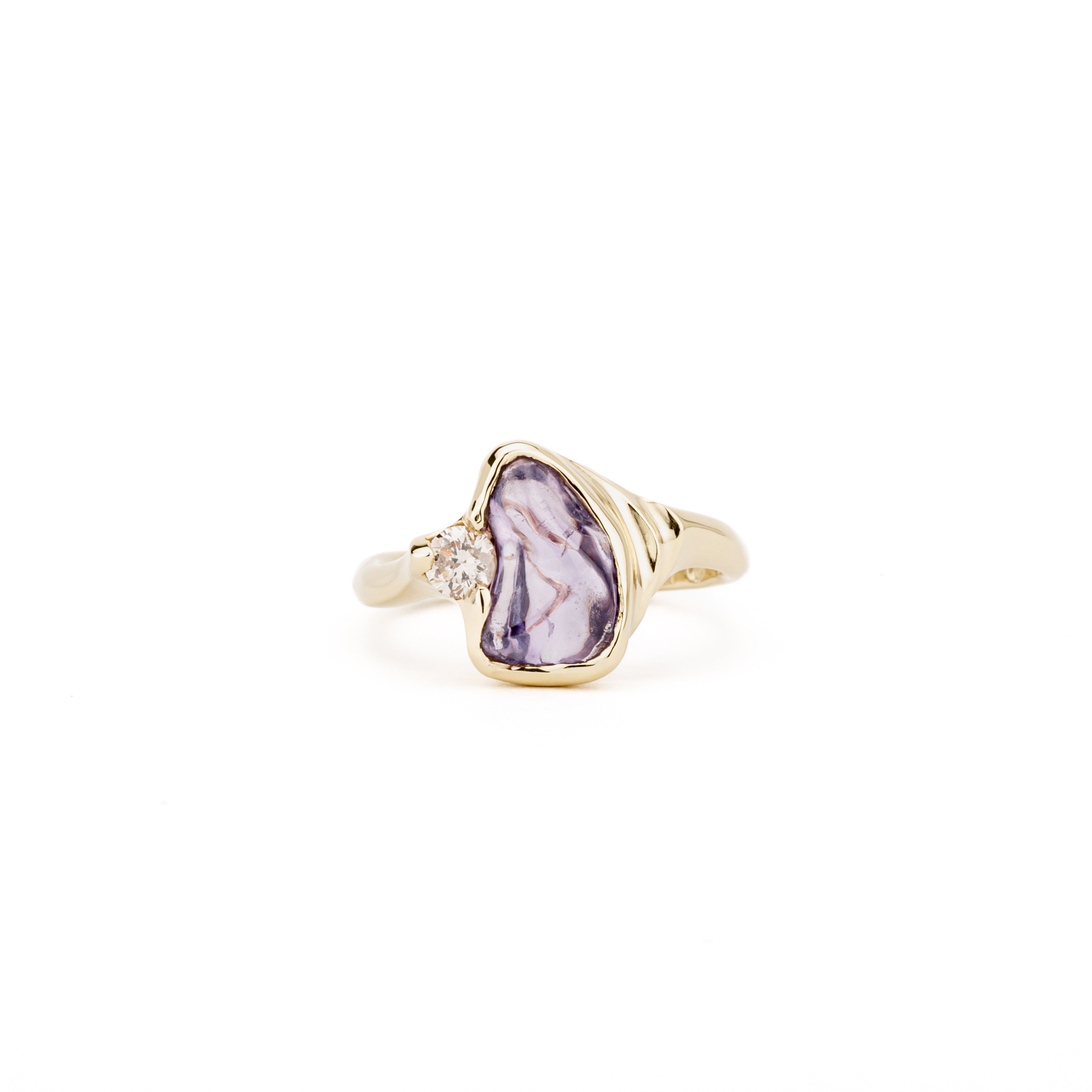 One of a kind purple sapphire cabochon ring with champagne diamond accent in 14K yellow gold