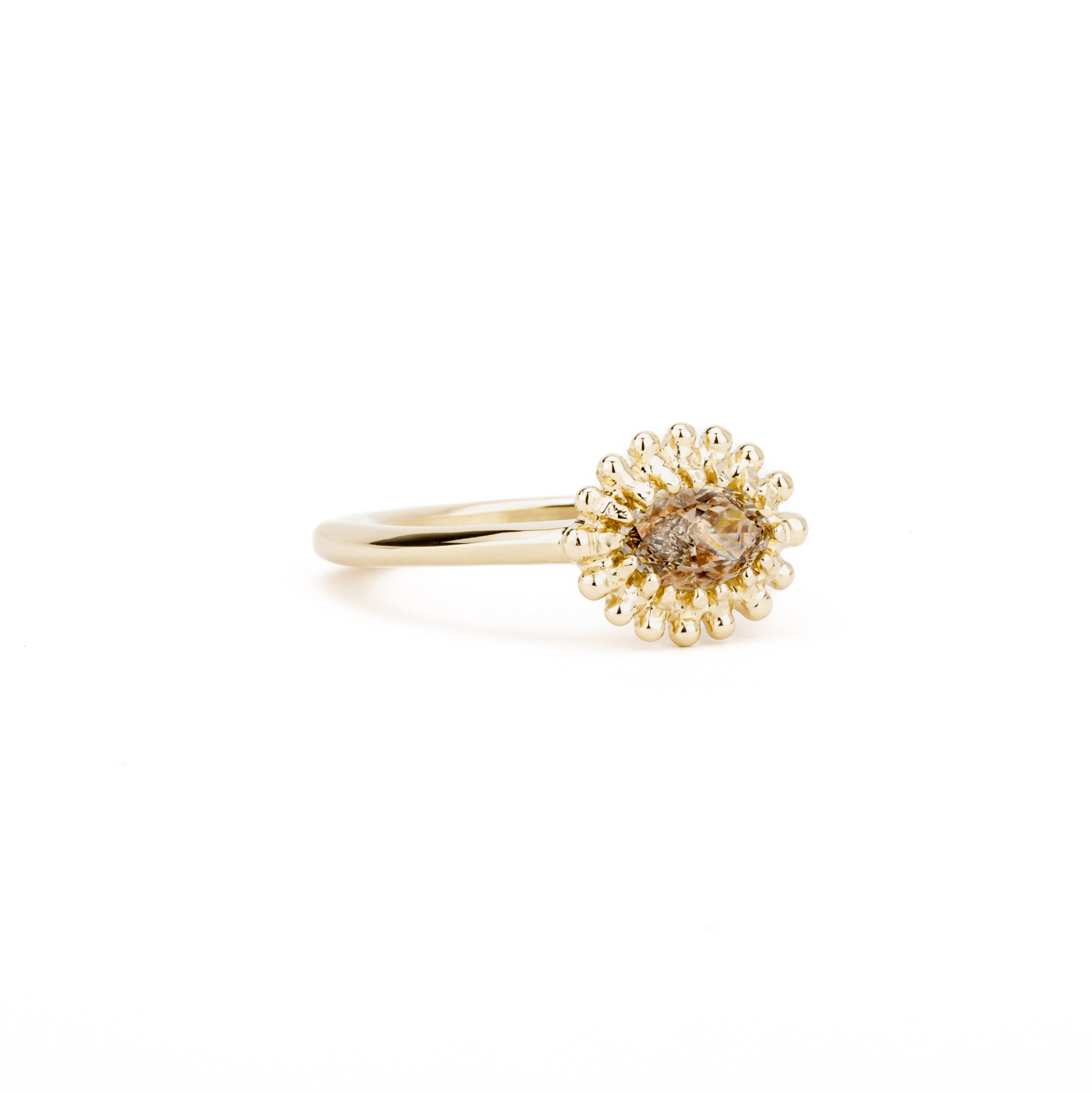 One of a kind champagne diamond ring with sunburst halo in 14K yellow gold