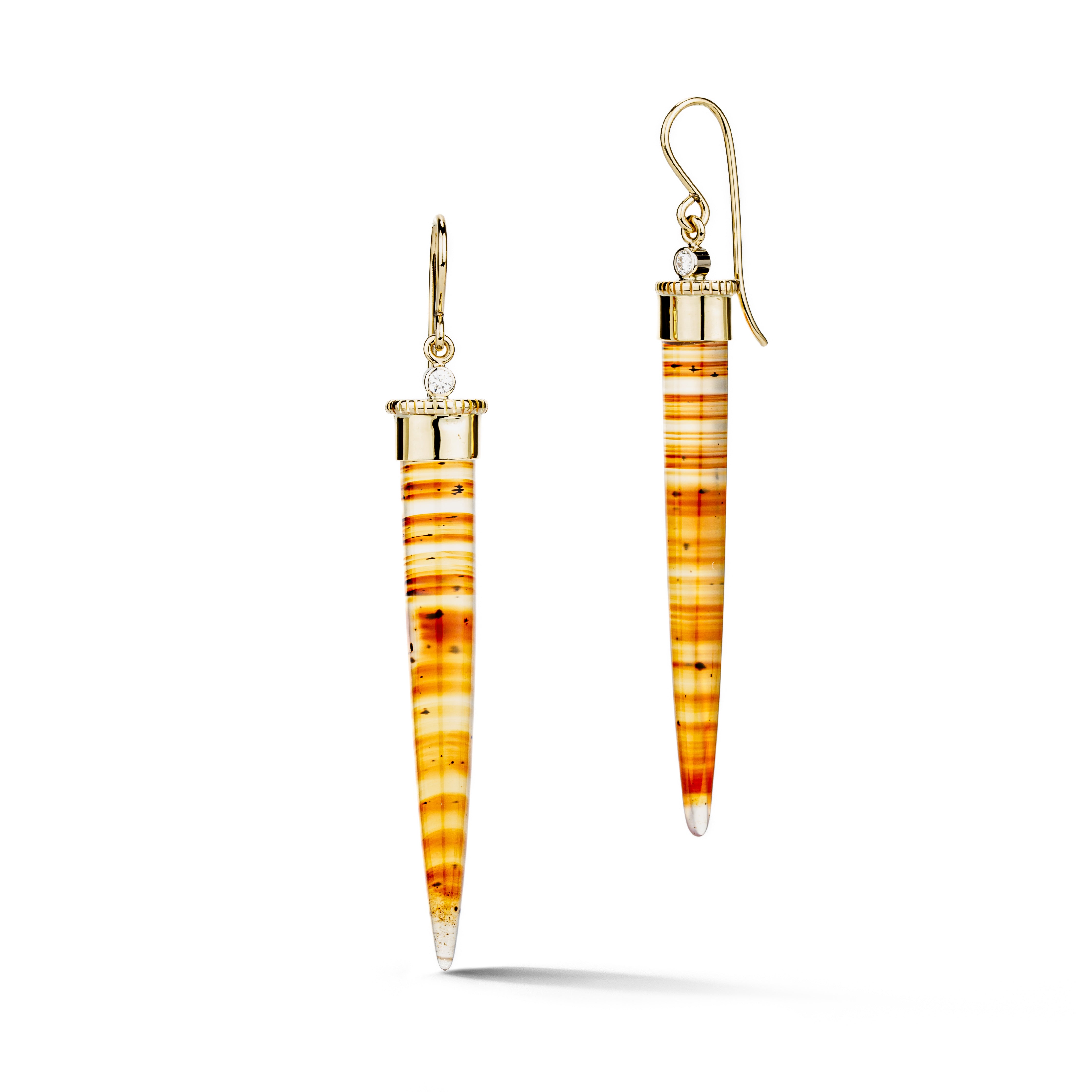 Montana agate spike drop earrings with diamonds and 14k yellow gold caps on French wire backs