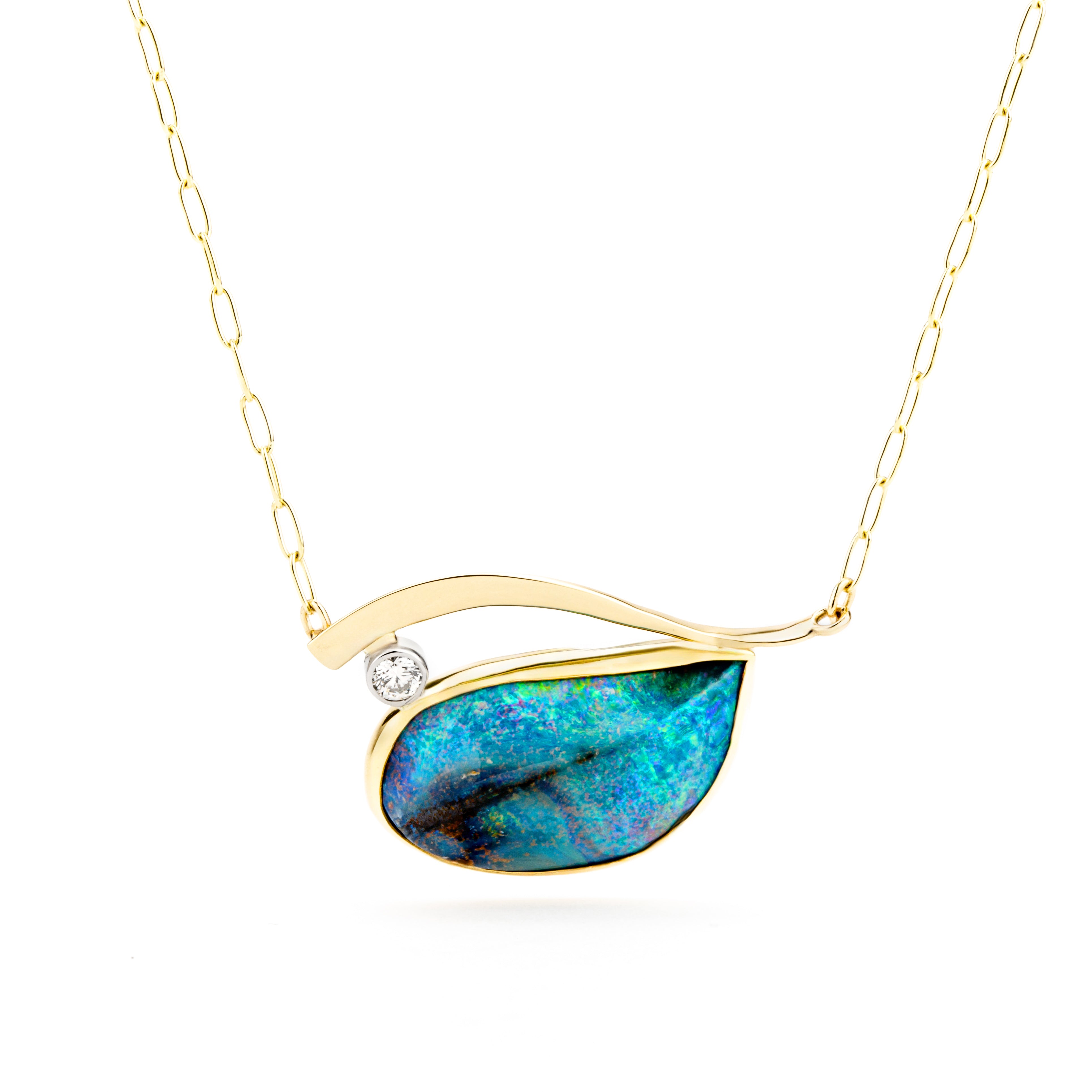 Australian boulder opal necklace with diamond accent in yellow and white gold on paperclip chain