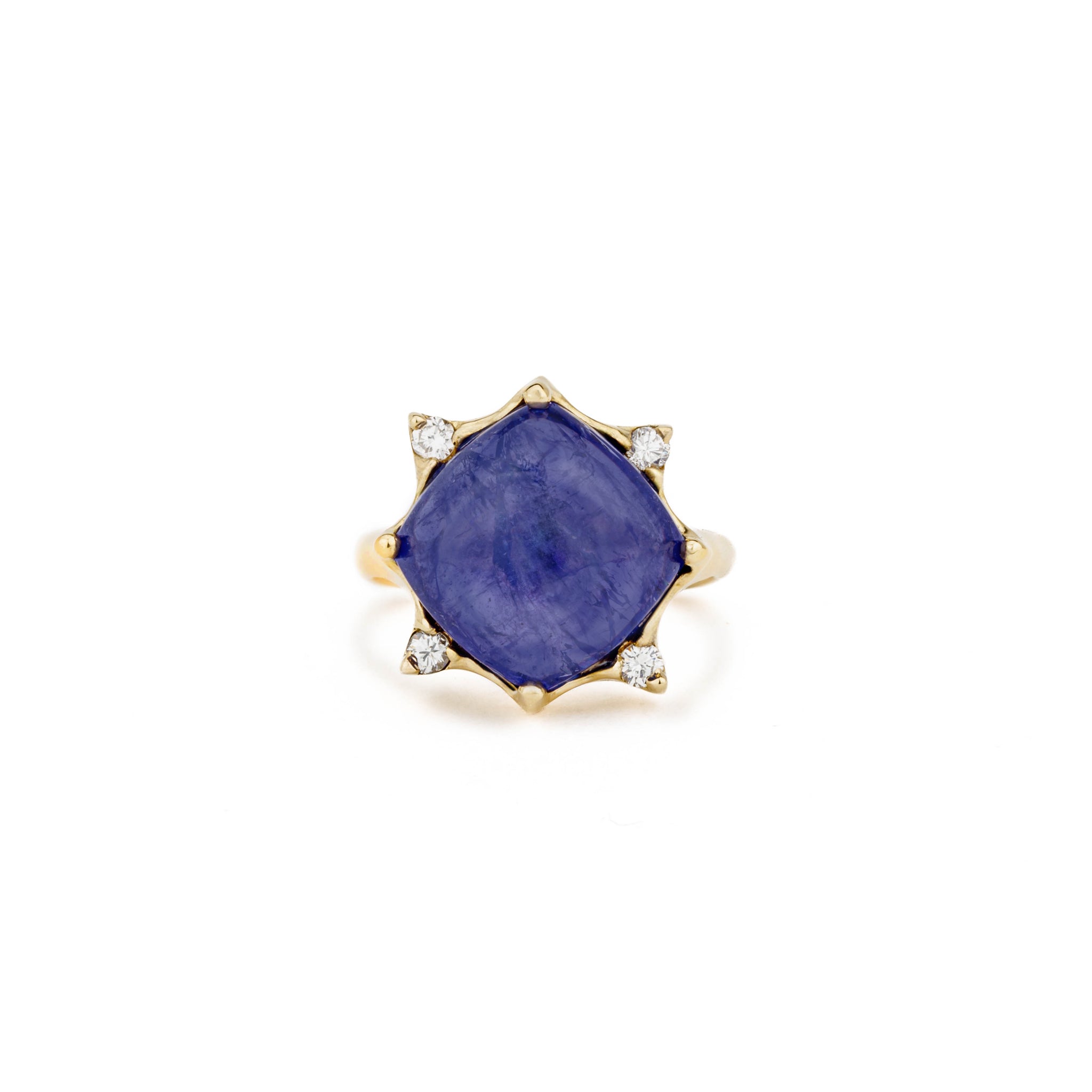 14k yellow gold ring with 11.79ct cabochon tanzanite center stone and four round diamond accents in a sunburst setting, size 7.25