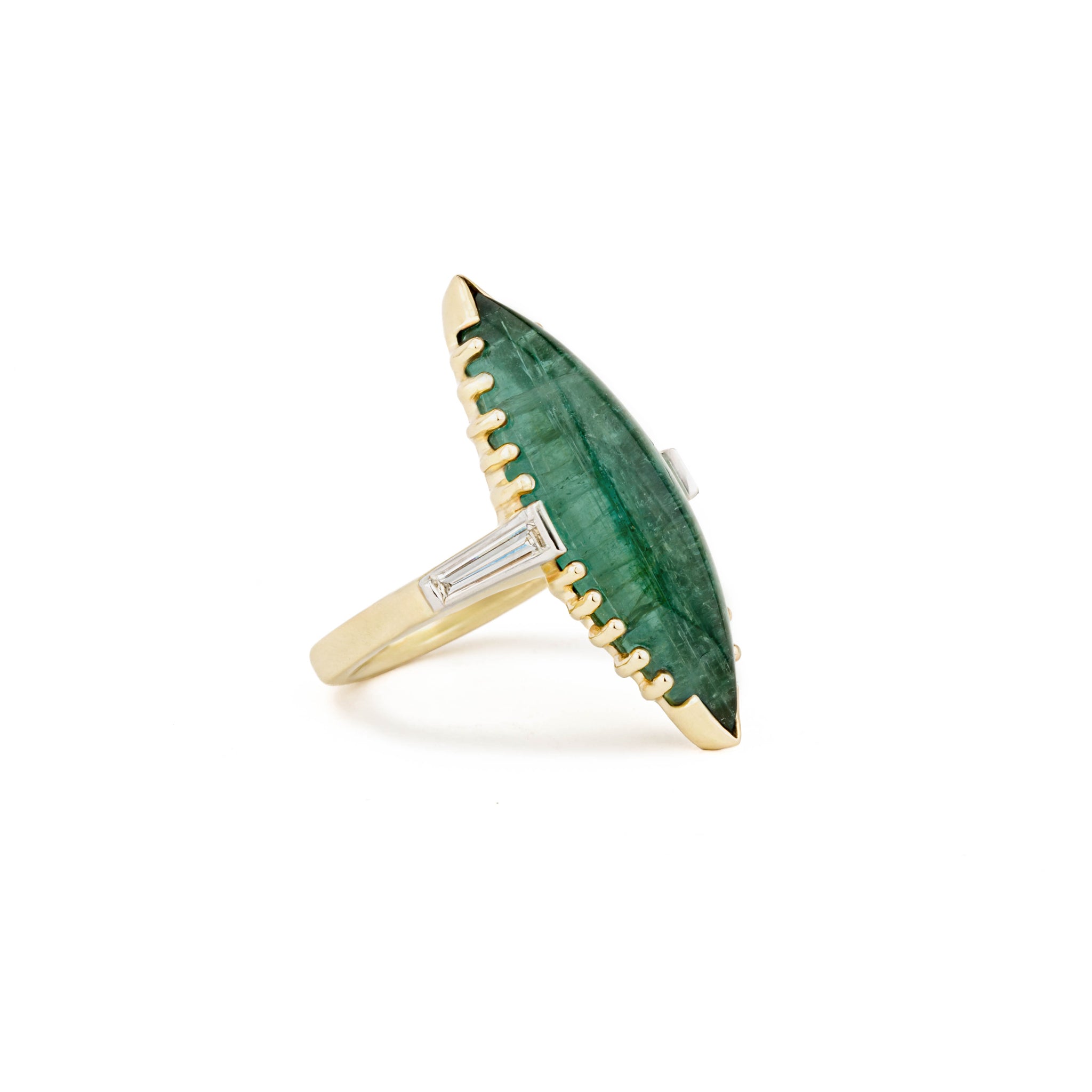 One-of-a-kind 14k gold ring with a navette-cut green tourmaline cabochon and baguette diamond accents