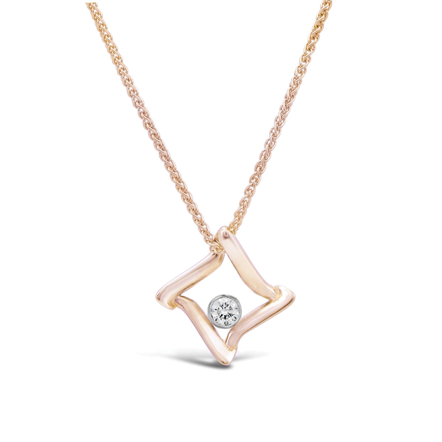 14k white rose trifold pendant necklace with bezel set diamond