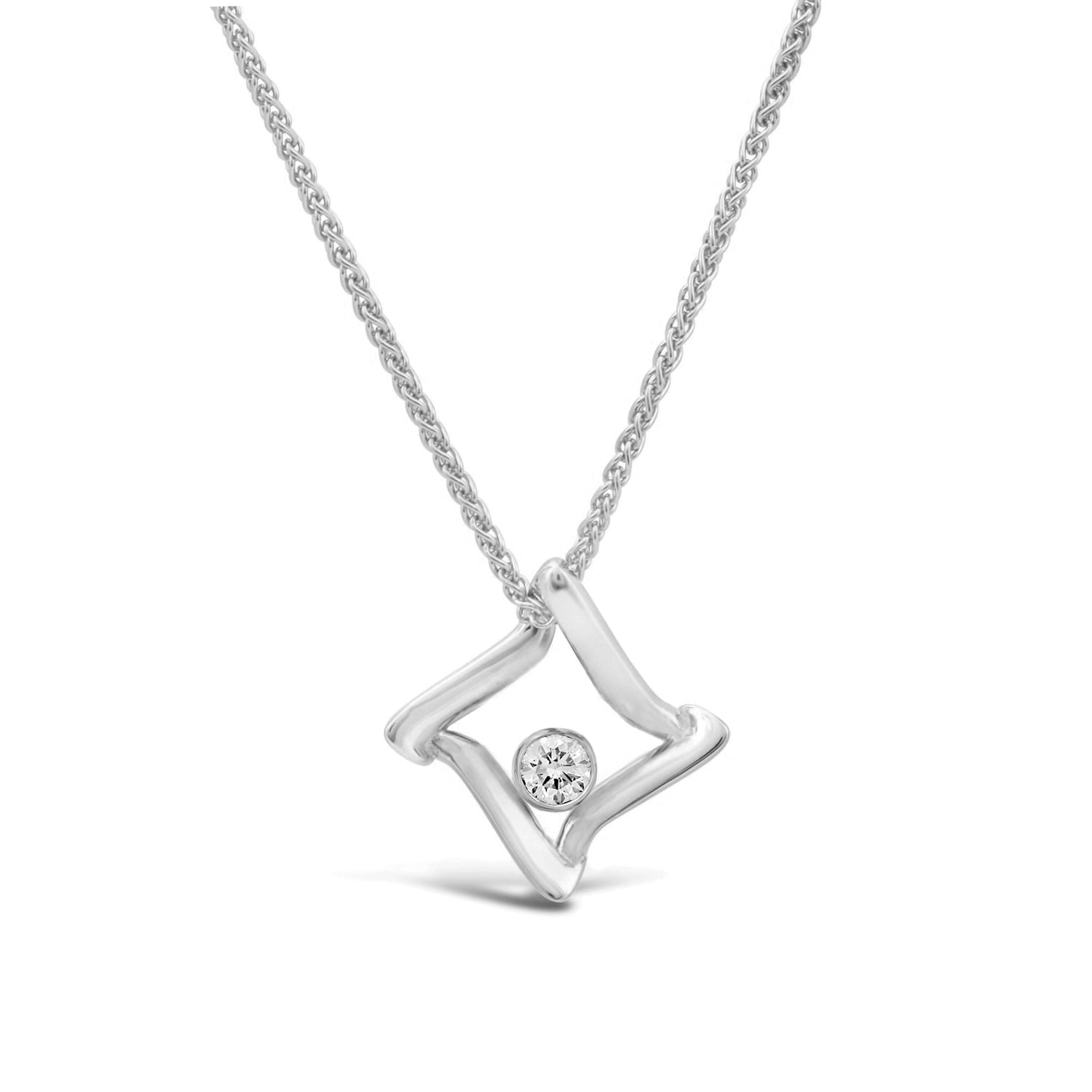 14k white gold trifold pendant necklace with bezel set diamond