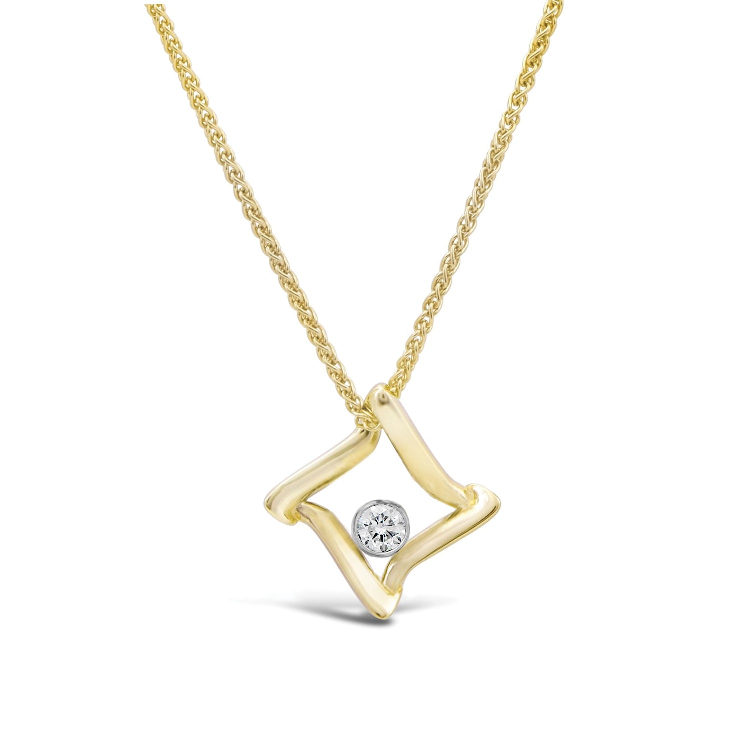 14k yellow gold trifold pendant necklace with bezel set diamond
