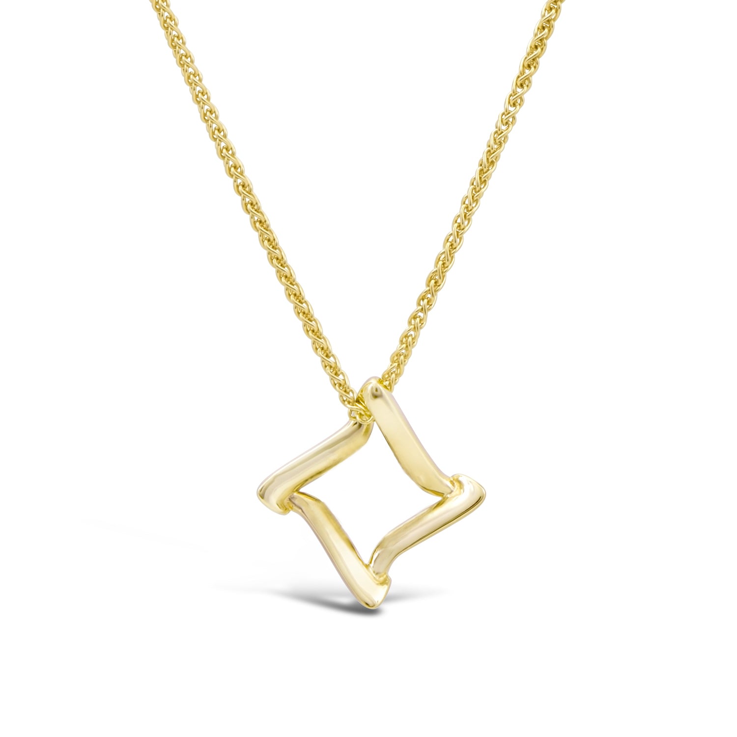 14k yellow gold trifold pendant on rope chain featuring geometric open framework design