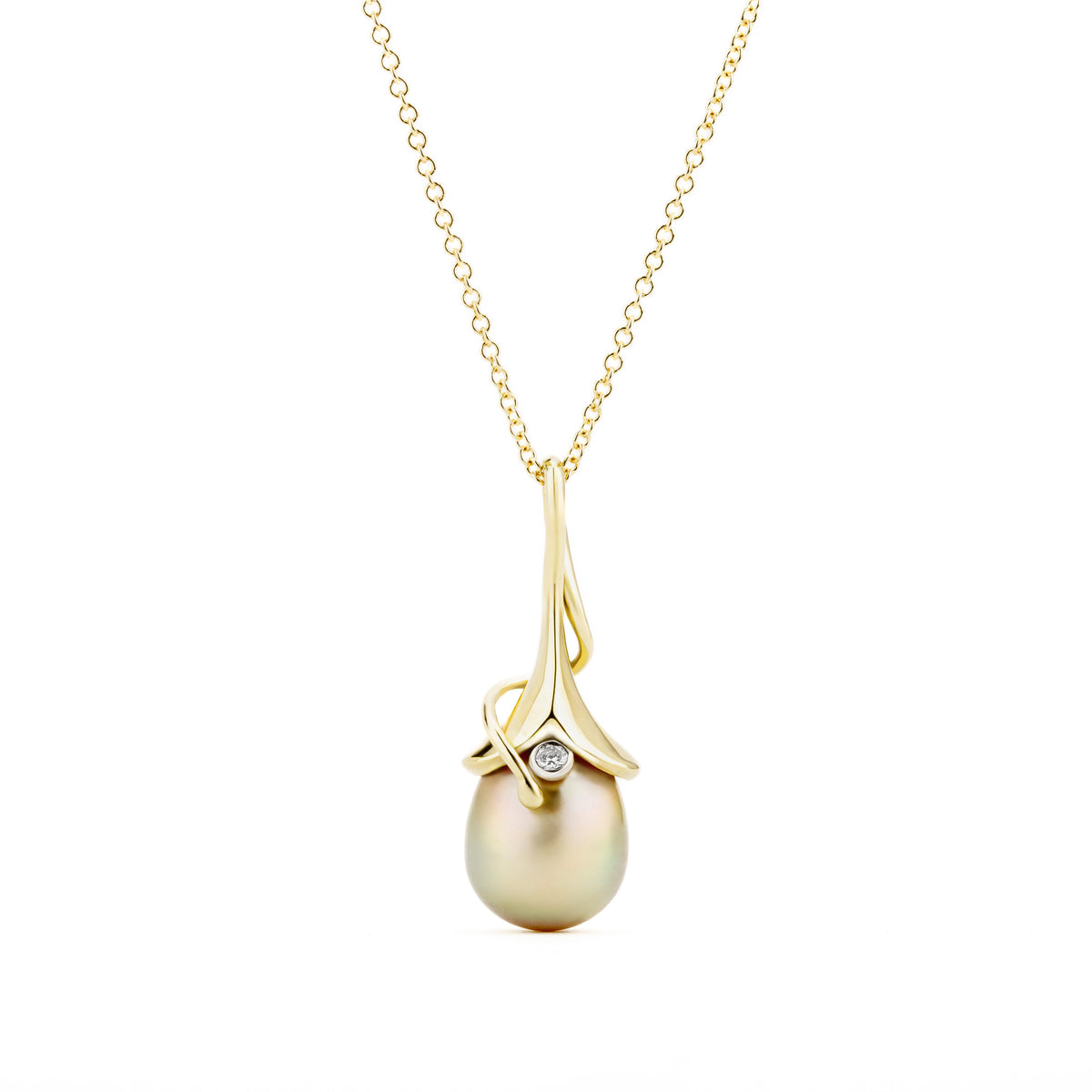 Golden pearl pendant with carved 18k yellow gold tendril and diamond accent