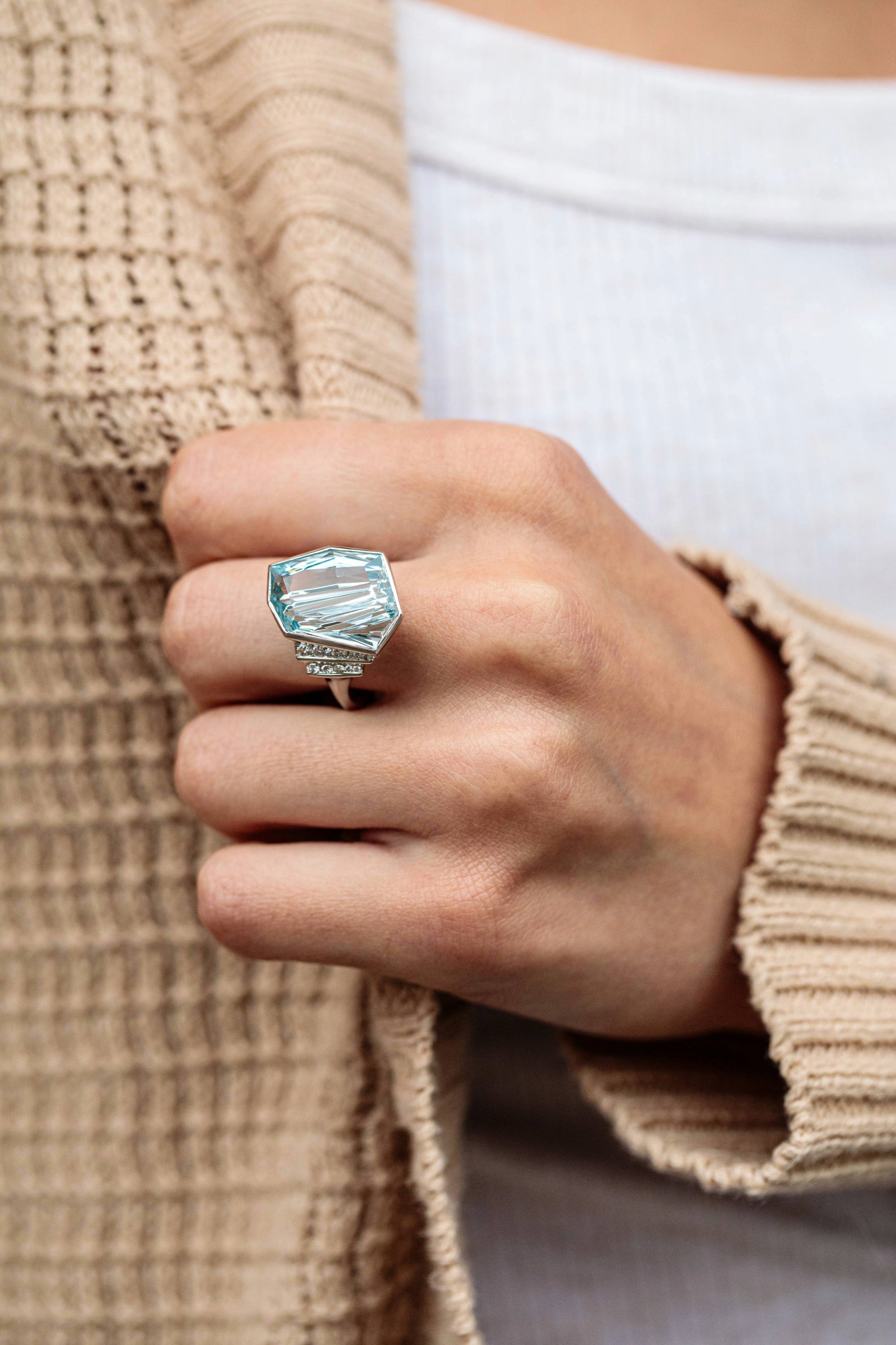 Platinum aquamarine ring with Kreis cut aquamarine gemstone and diamond accent