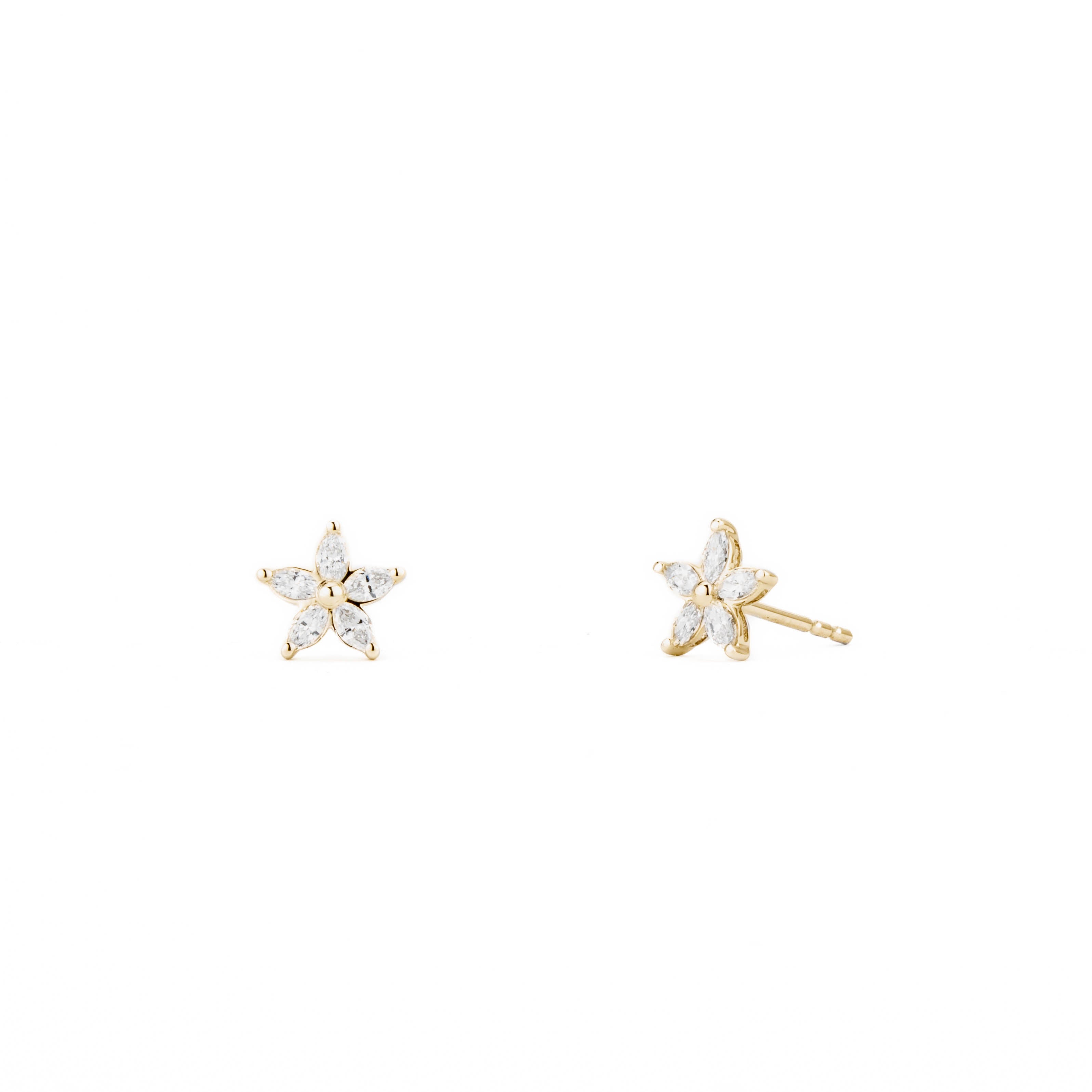 14k yellow gold star stud earrings featuring five marquise-cut diamonds totaling 0.44 carats