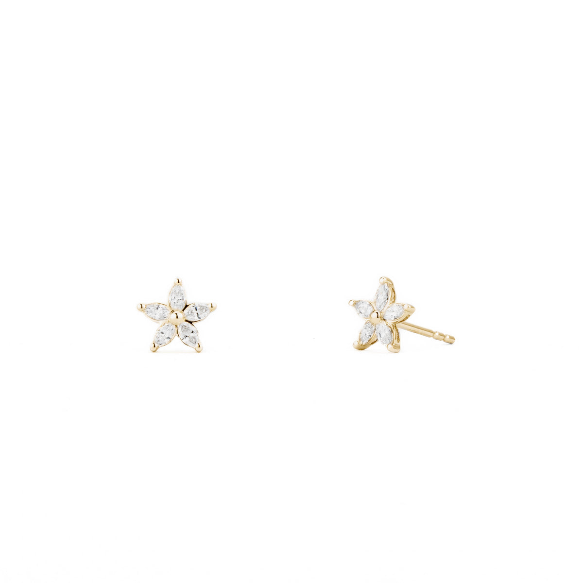 14k yellow gold star stud earrings featuring five marquise-cut diamonds totaling 0.44 carats