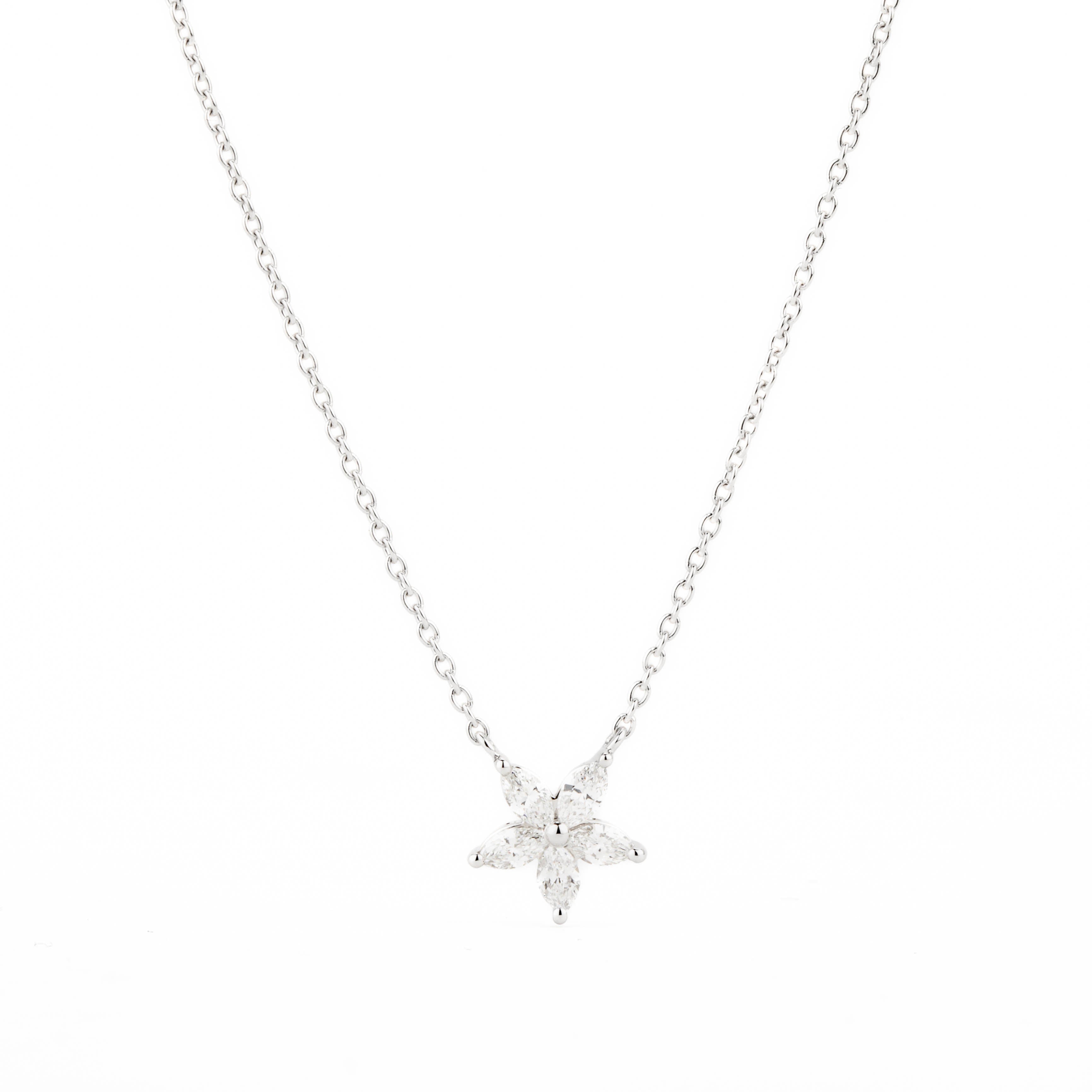 14k white gold marquise diamond star pendant necklace with five natural diamonds totaling 0.28 carats on a cable chain