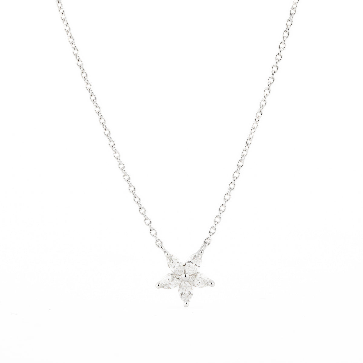 14k white gold marquise diamond star pendant necklace with five natural diamonds totaling 0.28 carats on a cable chain