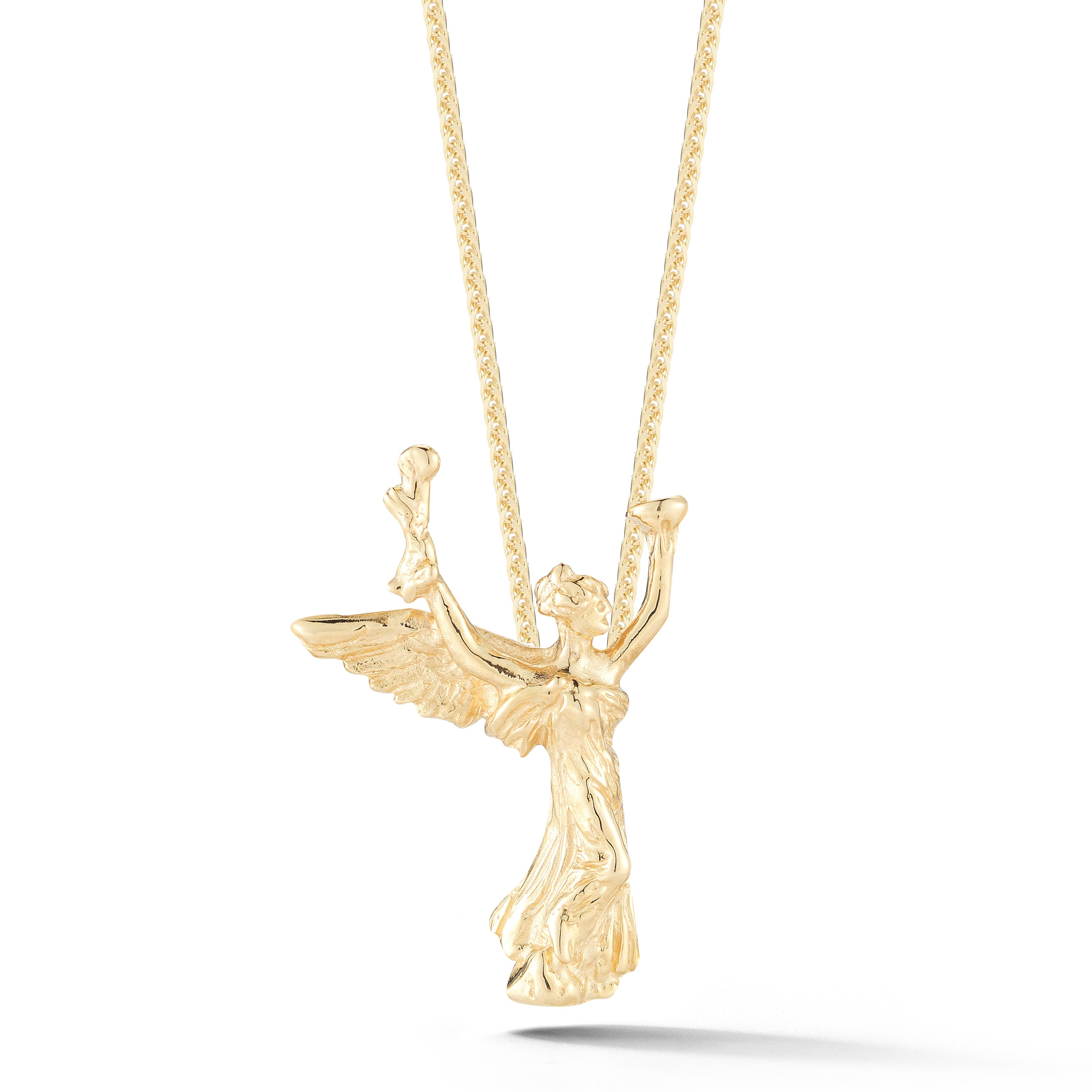 14k yellow gold Spirit of Life angel pendant necklace from deJonghe Saratoga Collection with detailed wings and flowing form