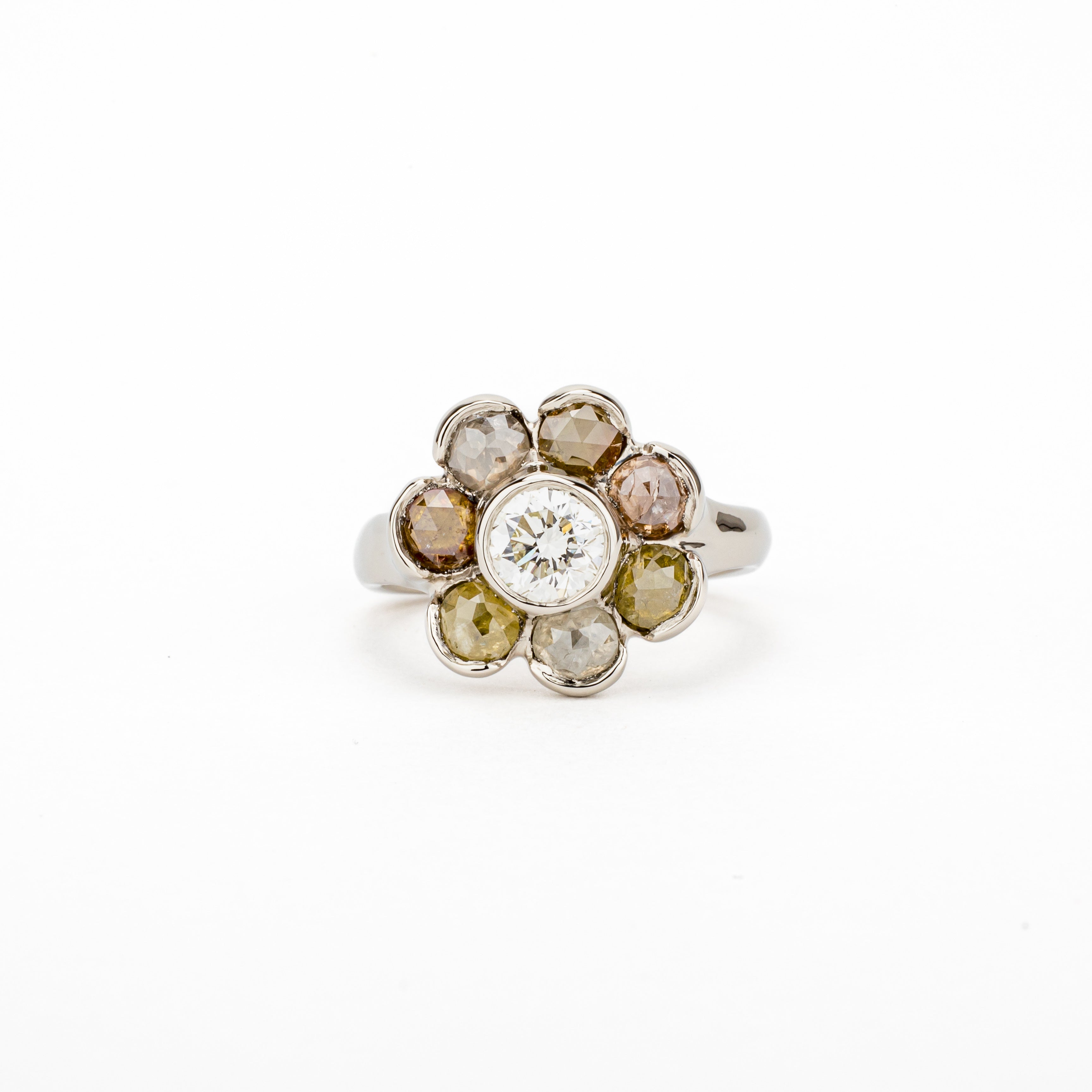 Rose cut colored diamond cluster ring in 14k white gold