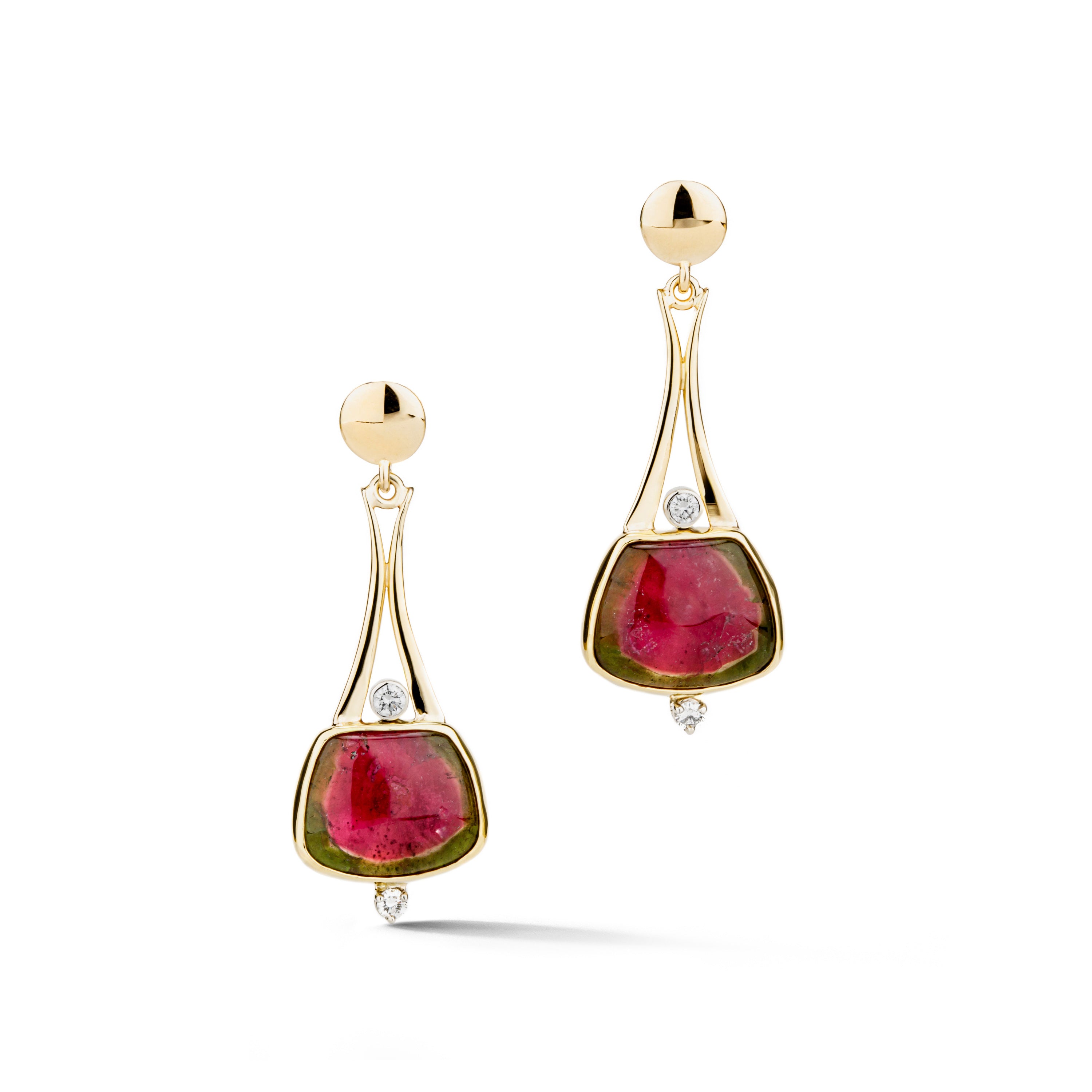 Watermelon tourmaline slice drop earrings in yellow gold with diamond accents by deJonghe Jewelry