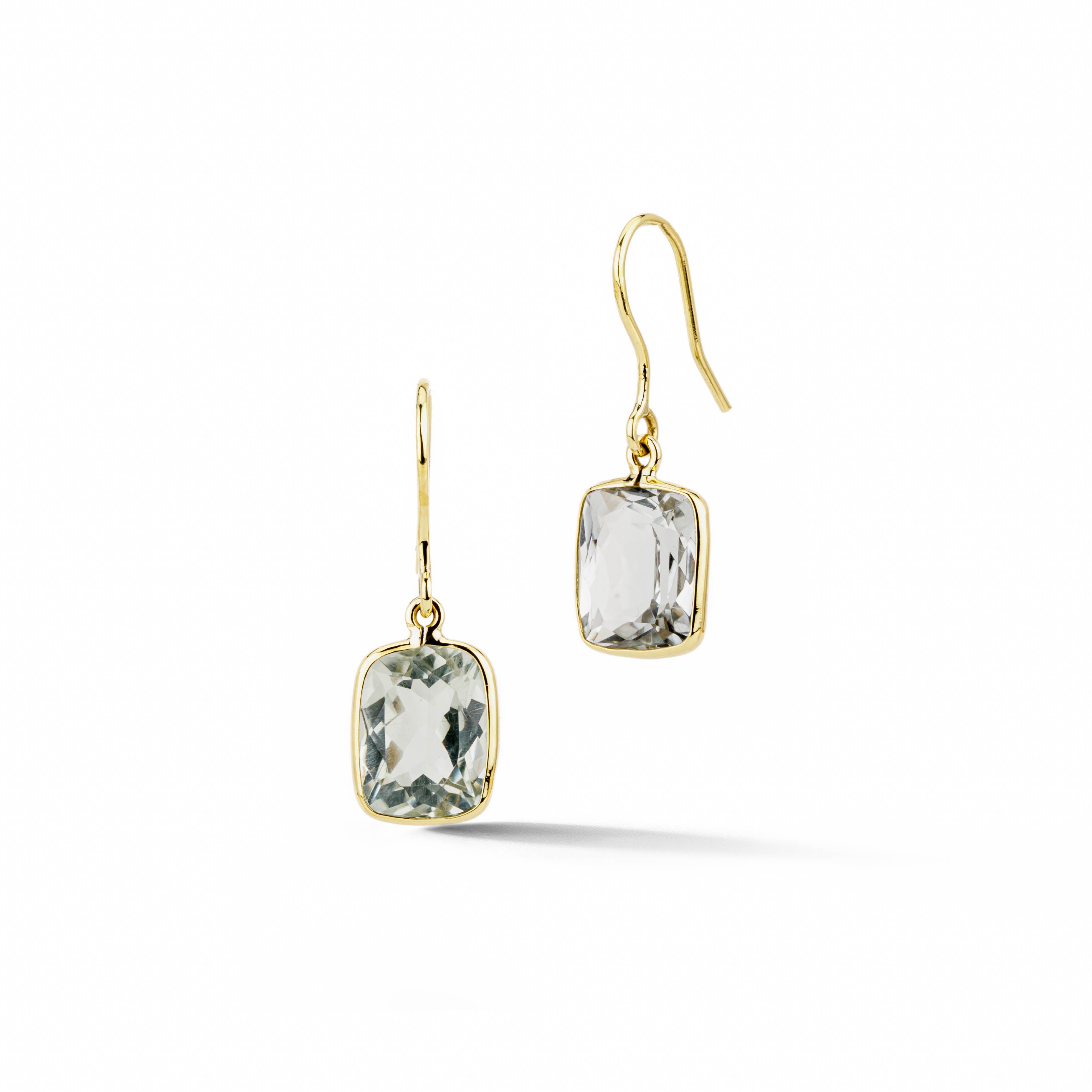18k yellow gold drop earrings with cushion-cut green amethyst (prasiolite) gemstones, bezel set