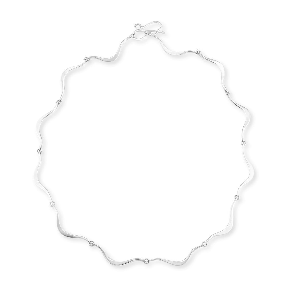14k white gold hand-forged wave link necklace with 12 connected S-curve links and hook clasp