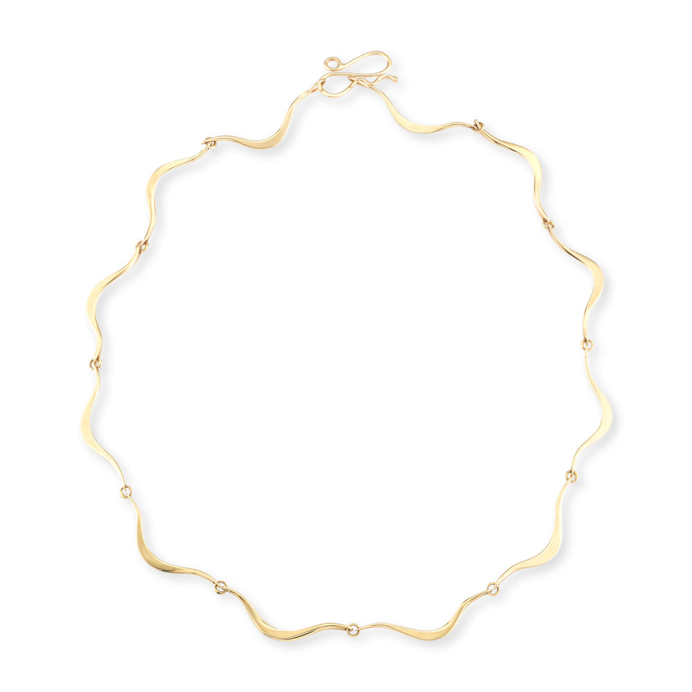 14k yellow gold hand-forged wave link necklace with 12 connected S-curve links and hook clasp