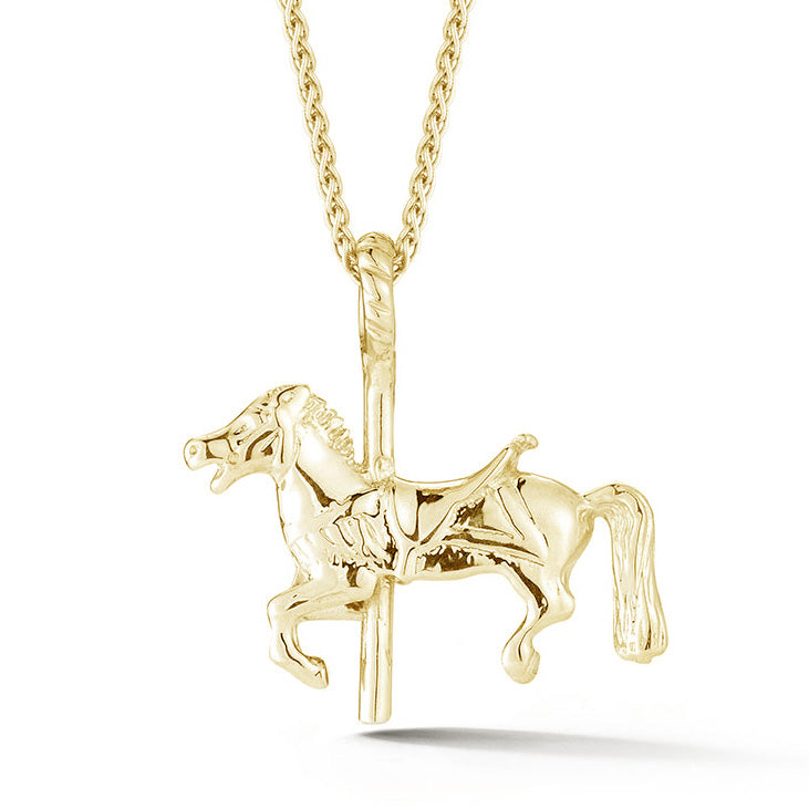 14k yellow gold three-dimensional carousel horse pendant or charm, from our Saratoga Collection
