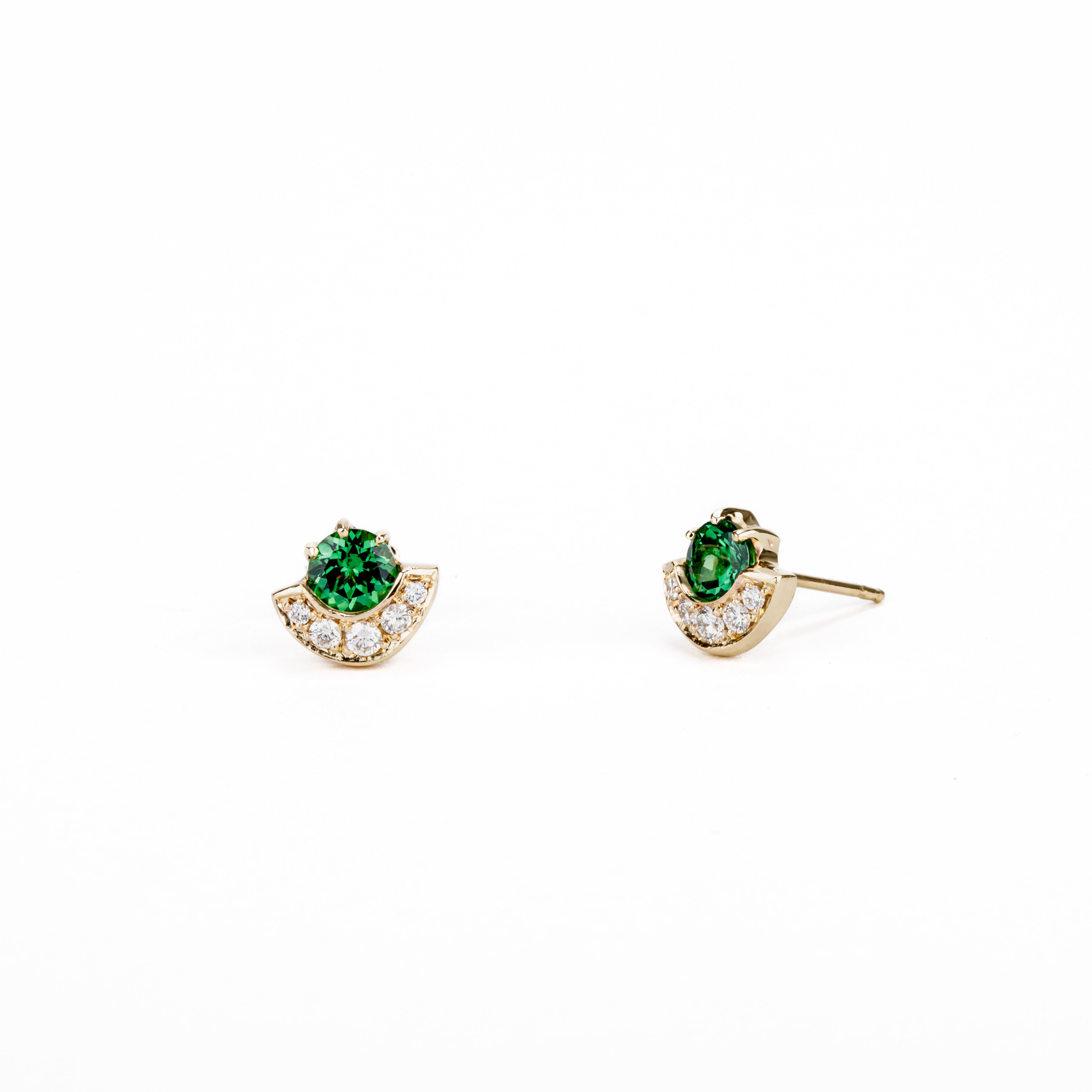 Tsavorite garnet and diamond stud earrings with wrap setting