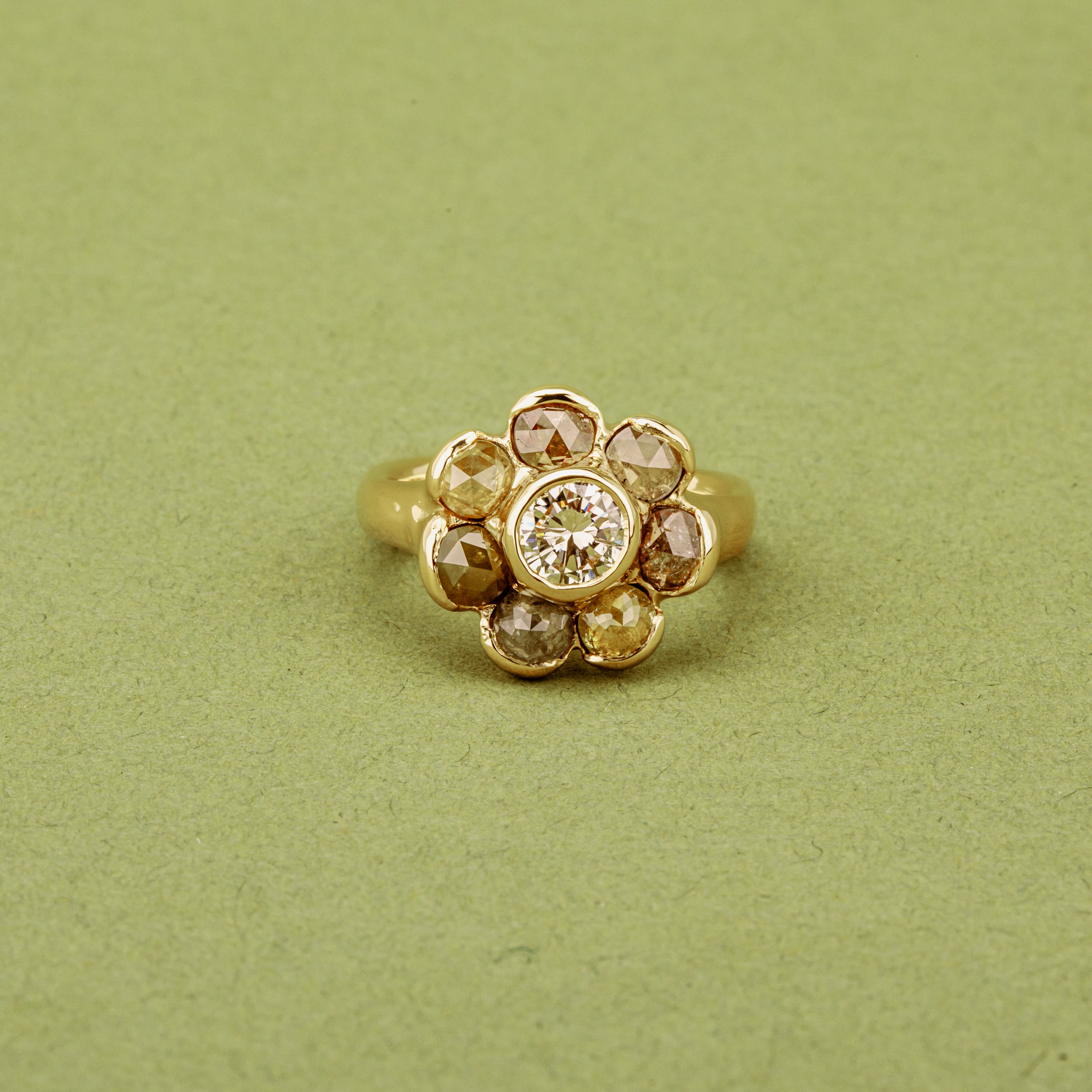Rose cut diamond cluster ring in 14k yellow gold