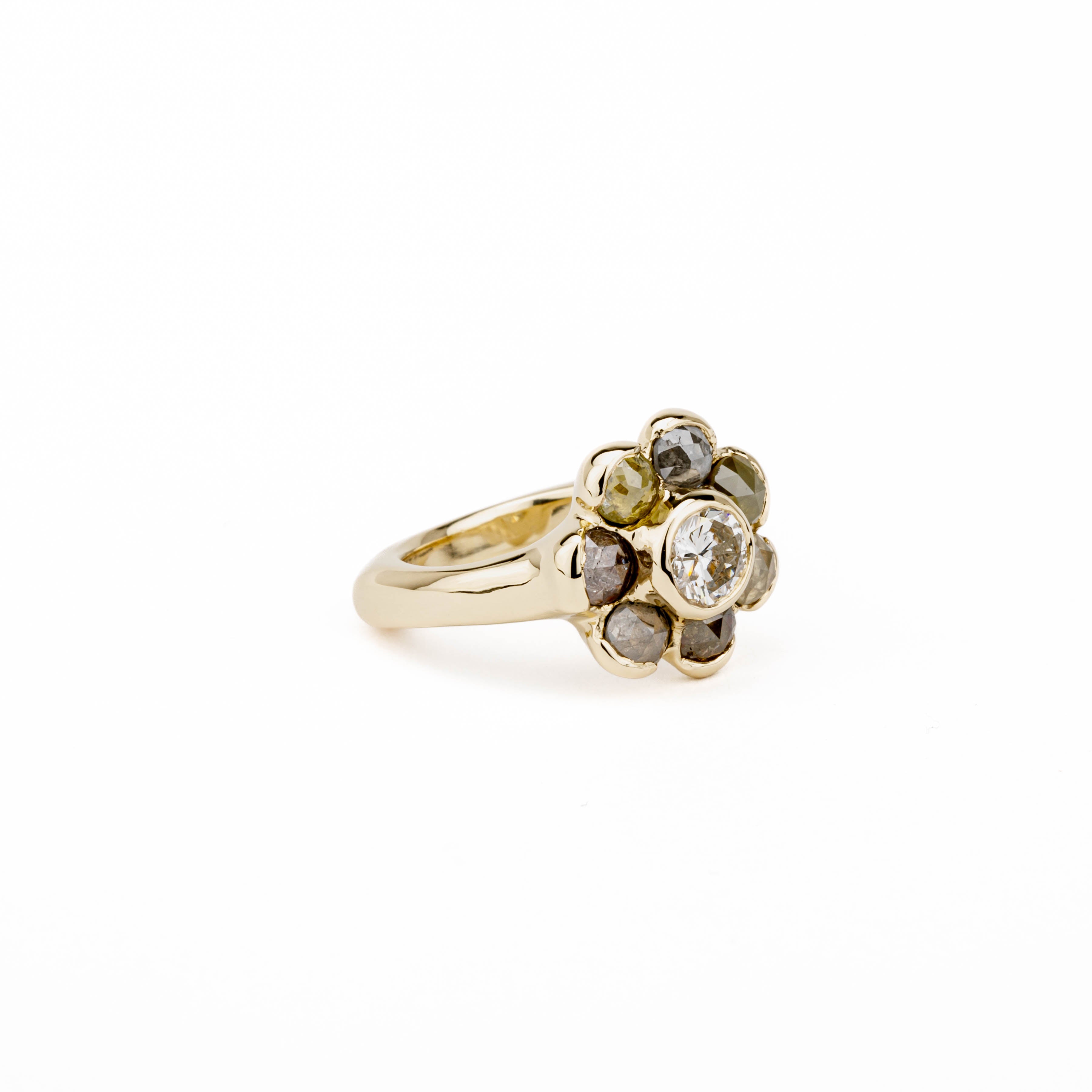 Rose cut diamond cluster ring in 14k yellow gold
