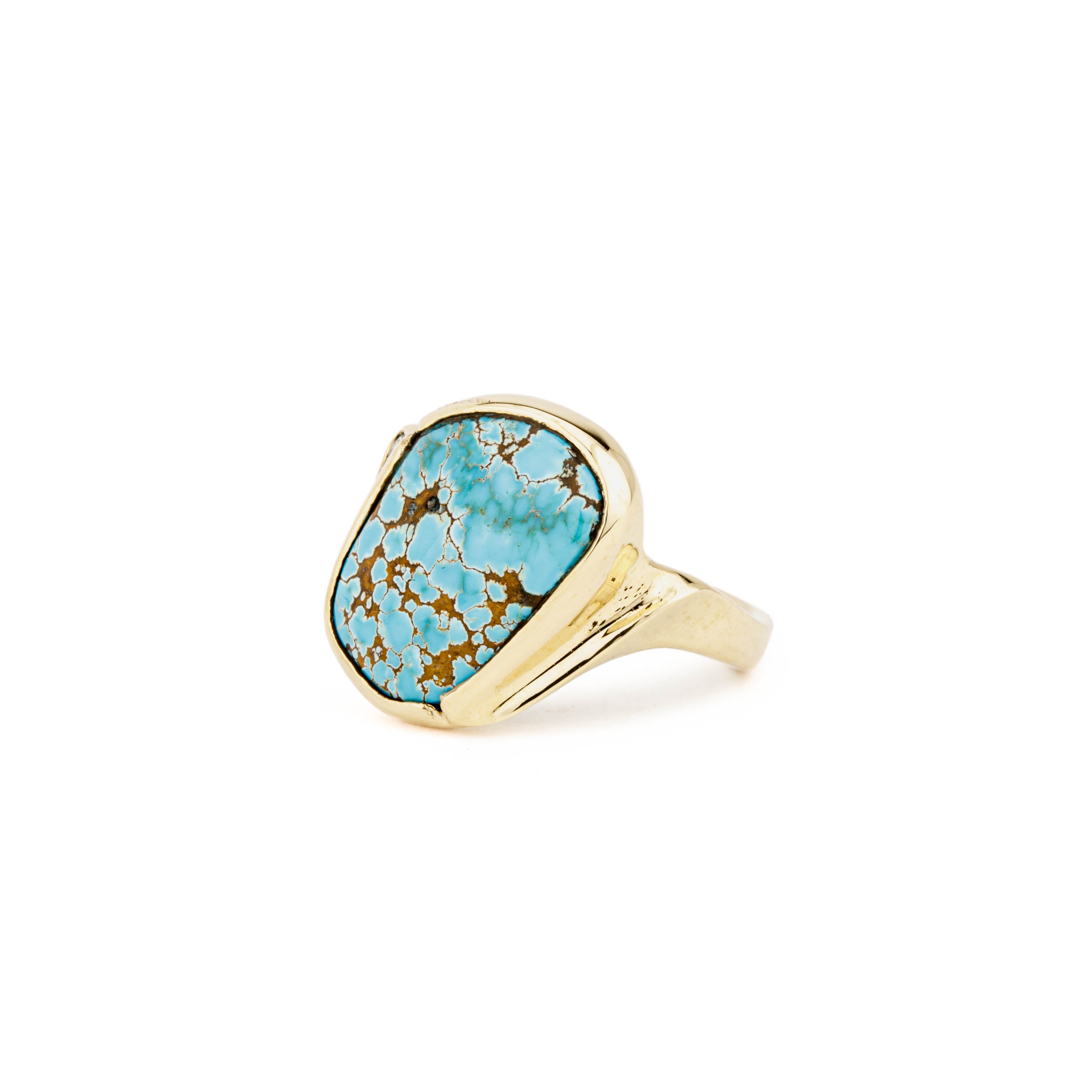 14k yellow gold ring with 7.2ct natural Lone Mountain turquoise in bezel setting and bezel-set round diamond accent, size 7