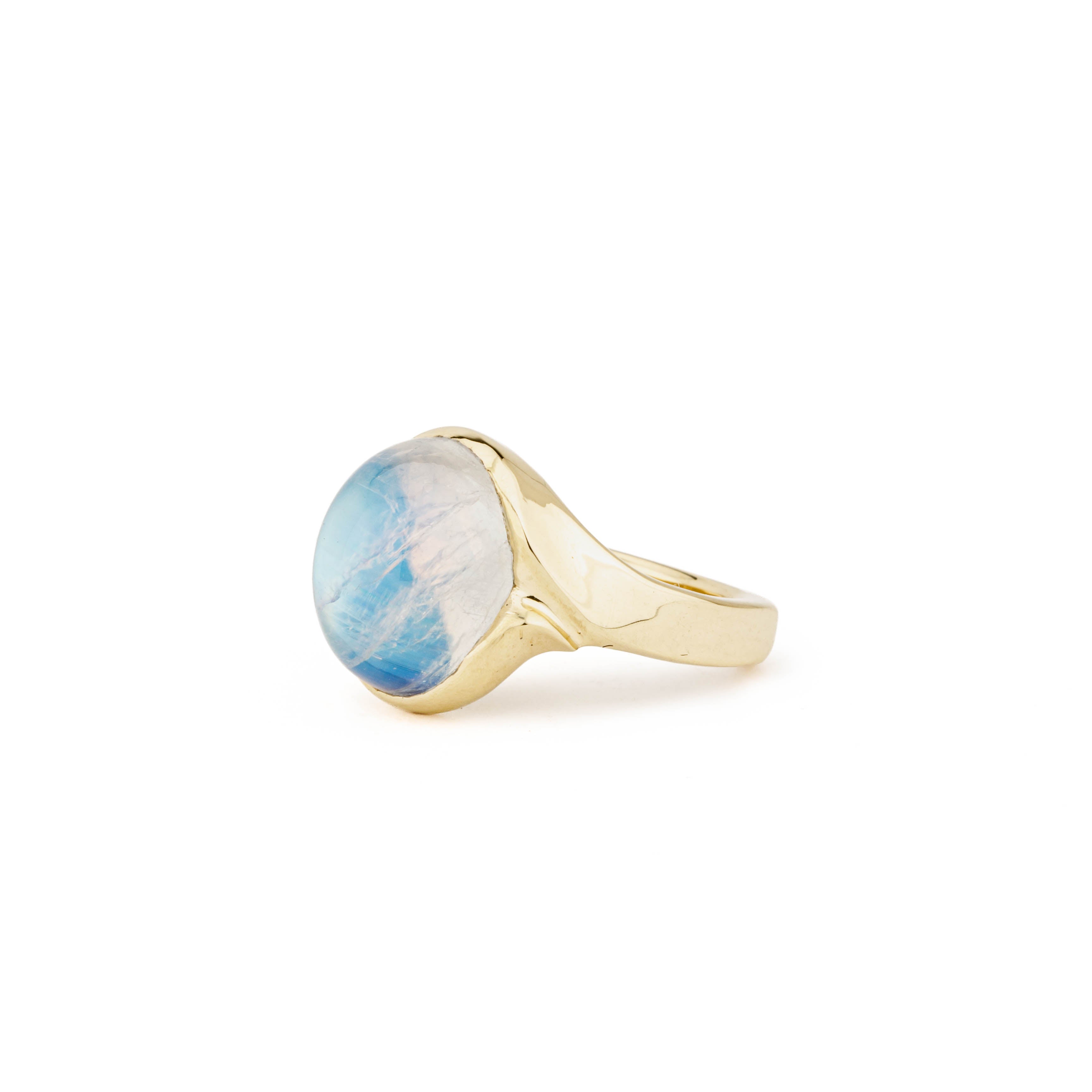 14k yellow gold ring with 7.22ct oval cabochon moonstone in bezel setting and cluster of three round diamonds, size 7