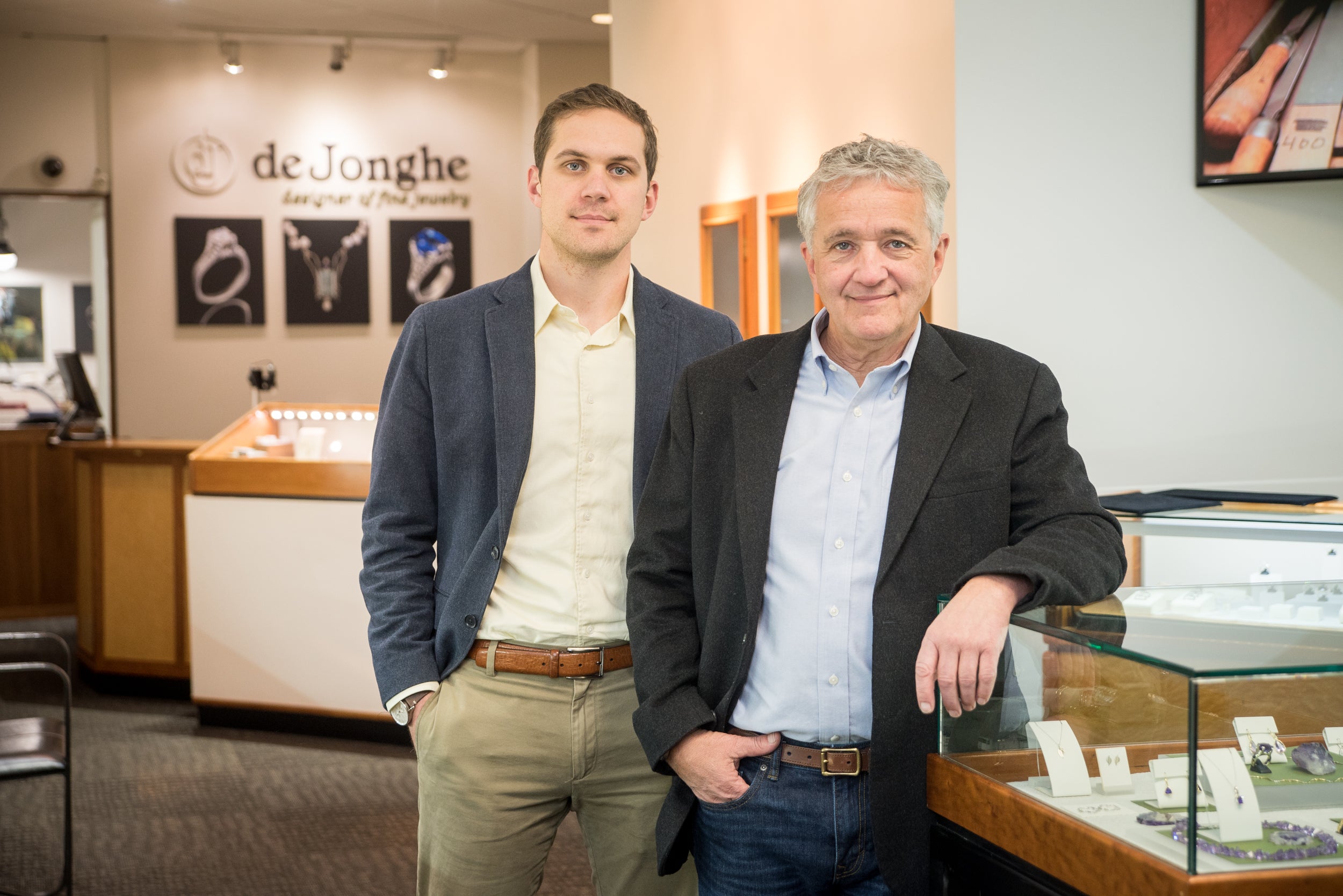 Evan and Dennis deJonghe standing together in deJonghe Original Jewelry