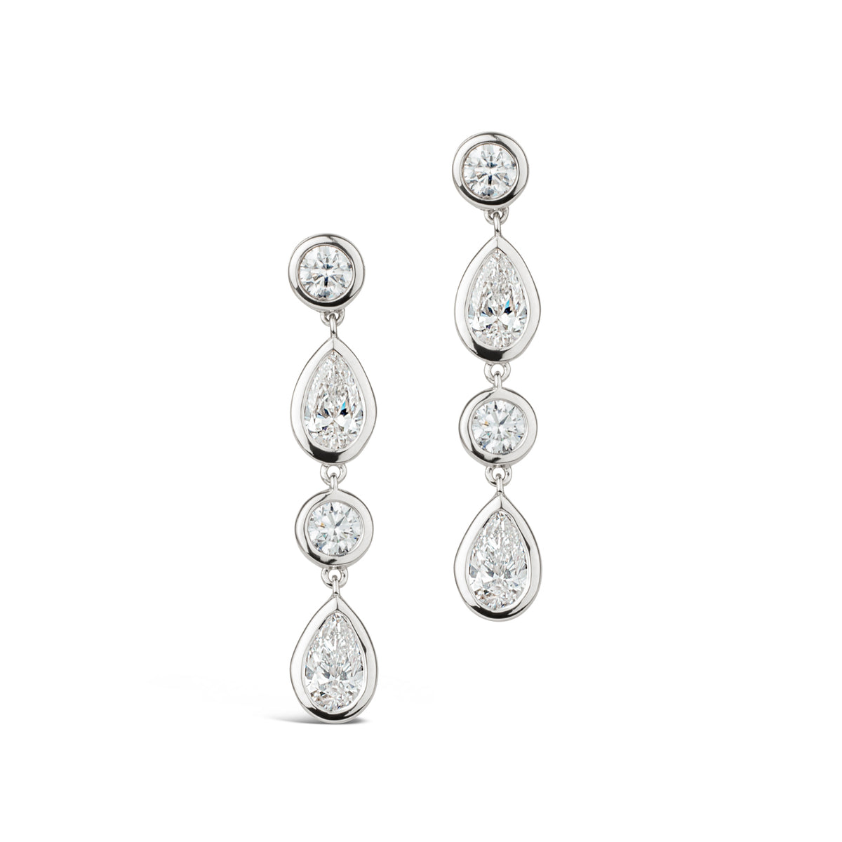 18k white gold diamond drop earrings with alternating round and pear-cut diamonds, bezel-set, 2.24ct total