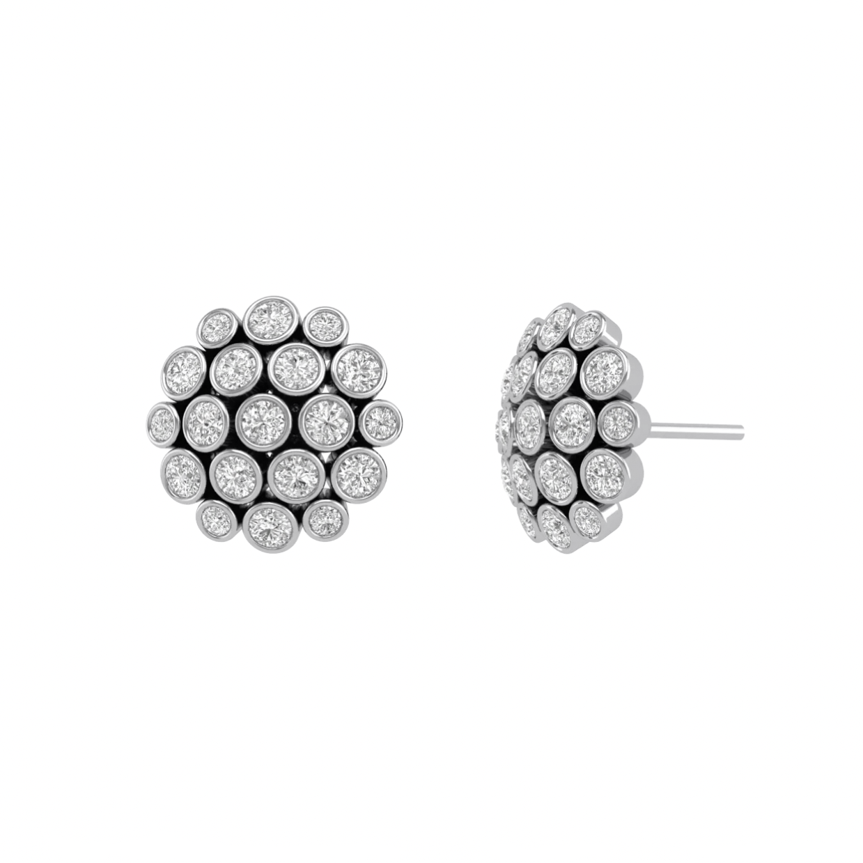 18k white gold diamond cluster stud earrings with individually bezel-set round diamonds, 2.07 total carats