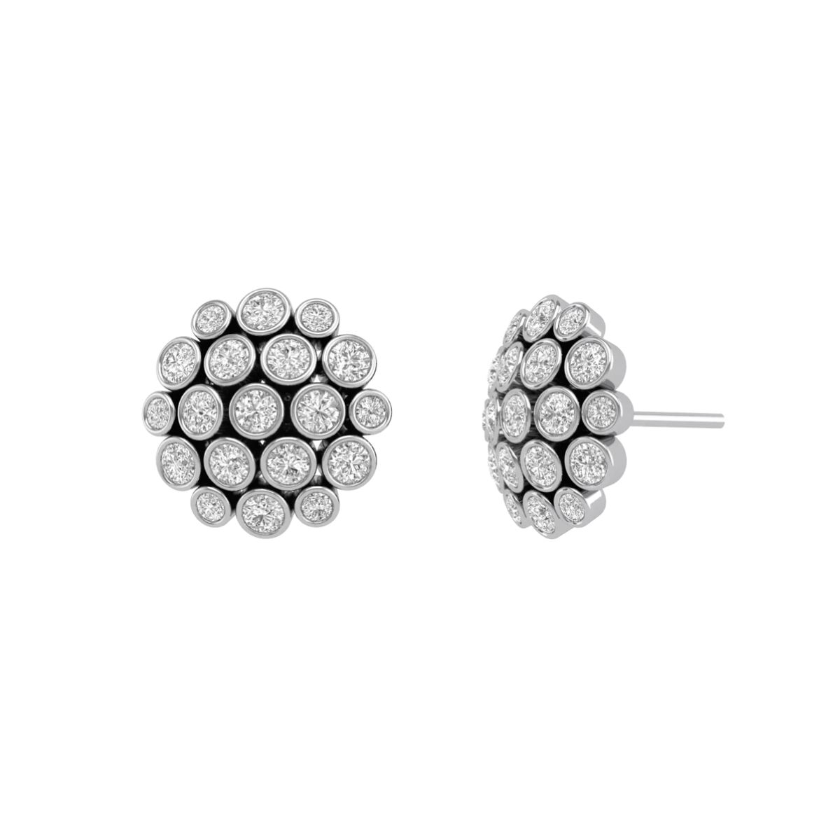 18k white gold diamond cluster stud earrings with individually bezel-set round diamonds, 2.07 total carats