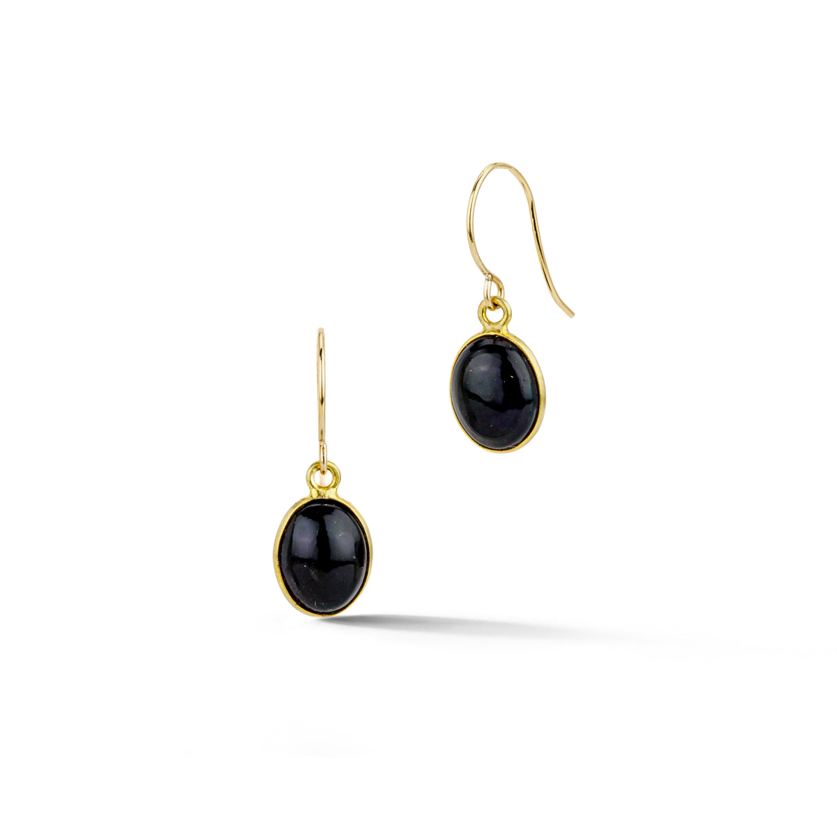 Pair of drop earrings with oval black opal cabochons, bezel set in 18k yellow gold with 14k yellow gold ear wires