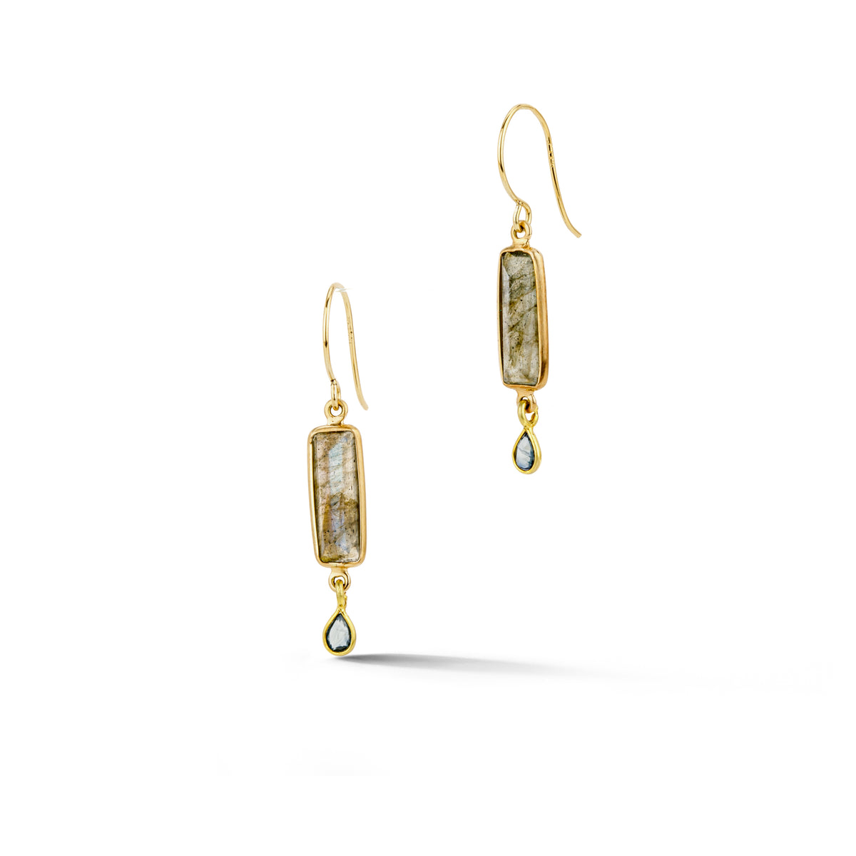Pair of drop earrings with rectangular labradorite stones and teardrop blue sapphire accents, bezel set in 18k yellow gold with 14k yellow gold ear wires