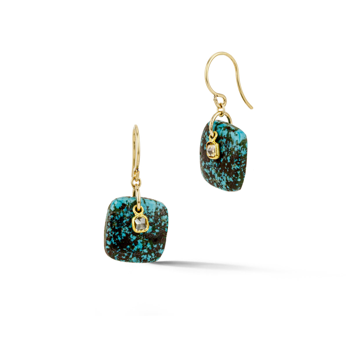Pair of drop earrings with square Tibetan turquoise stones, bezel-set diamonds in 18k yellow gold, and 14k yellow gold ear wires