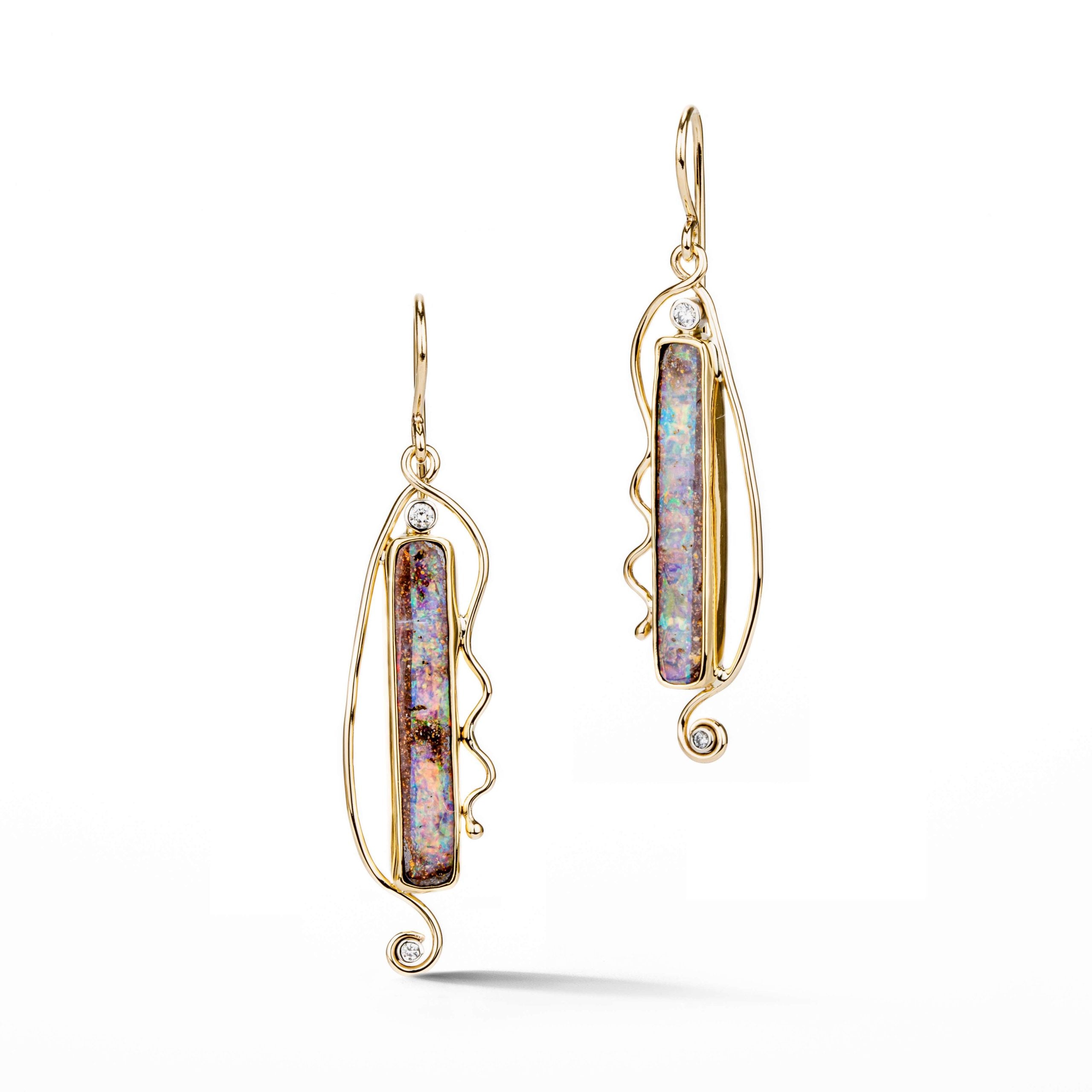 One-of-a-kind 14K/18K yellow gold drop earrings featuring matched Australian boulder opal bars with freeform gold frames and bezel-set diamond accents